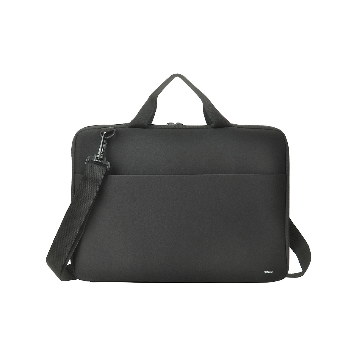Borsa per laptop nera con maniglia e tracolla, su sfondo bianco.