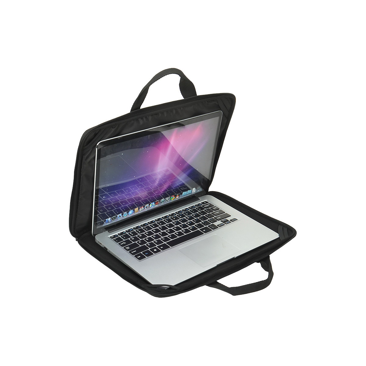 Laptop in una custodia nera aperta. Schermo rivolto verso l'alto, tastiera visibile.