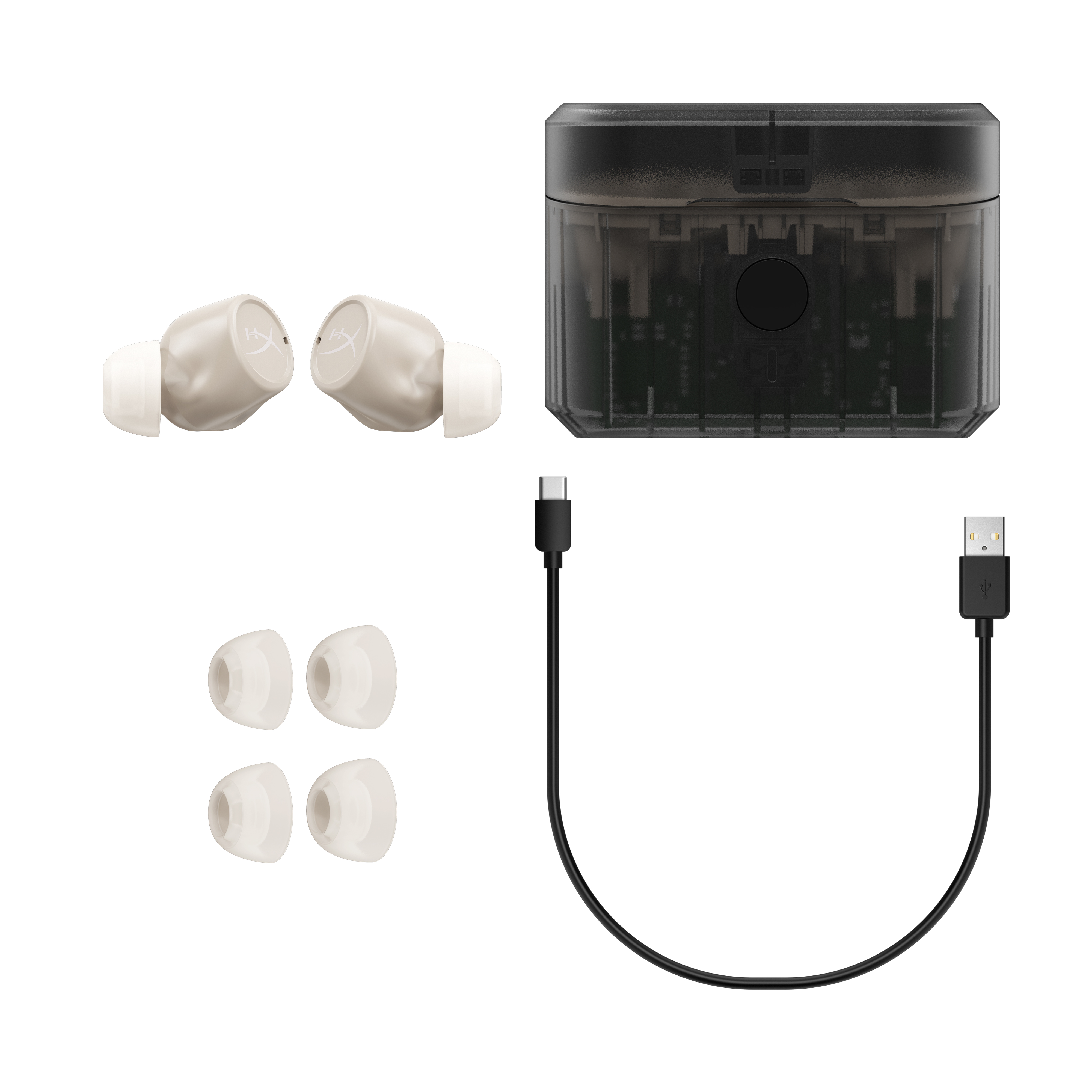 Kabellose Ohrhörer, Ladecase, zusätzliche Ohrstöpsel und USB-Kabel, weißer Hintergrund.