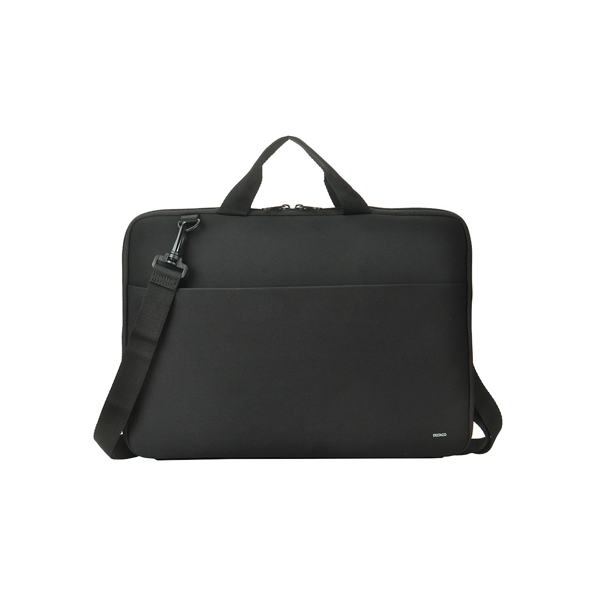 Borsa nera per laptop con manico, tracolla e tasca.