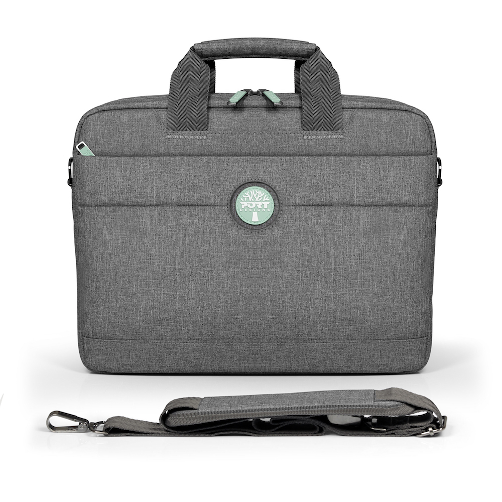 Graue Laptoptasche mit Griff und Schultergurt. Vorderseite mit Logo und Reißverschluss.