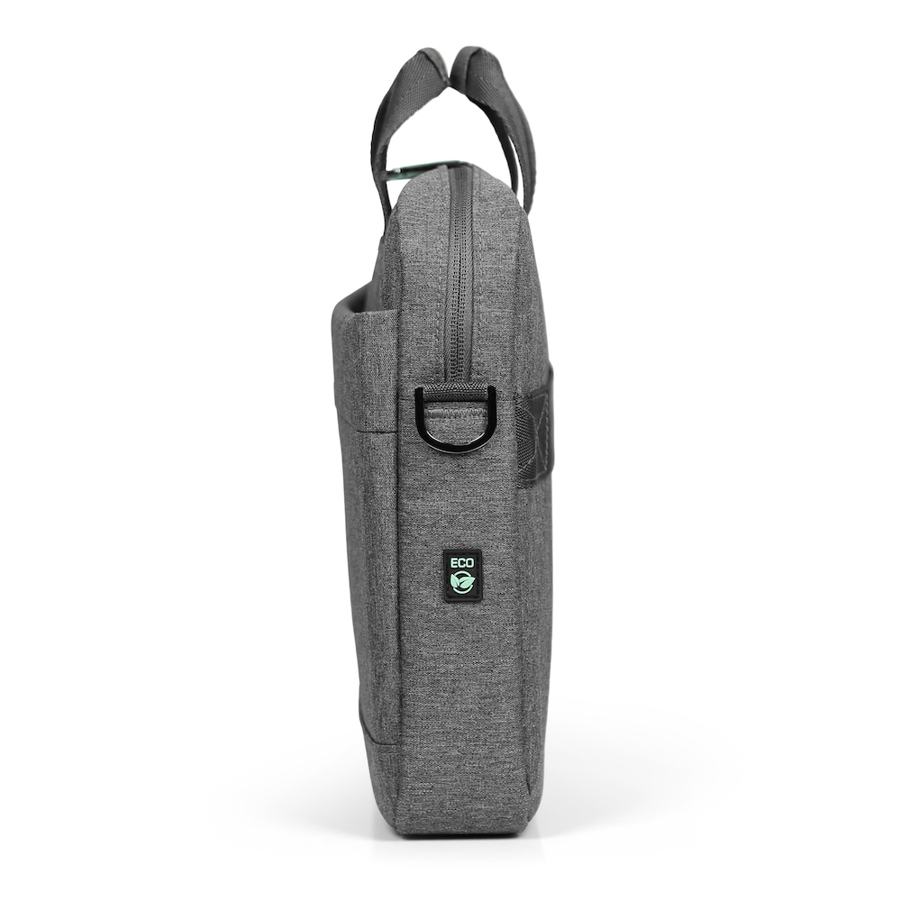 Eine graue Laptoptasche mit Griff und Schultergurt. Ein umweltfreundliches Logo ist sichtbar.