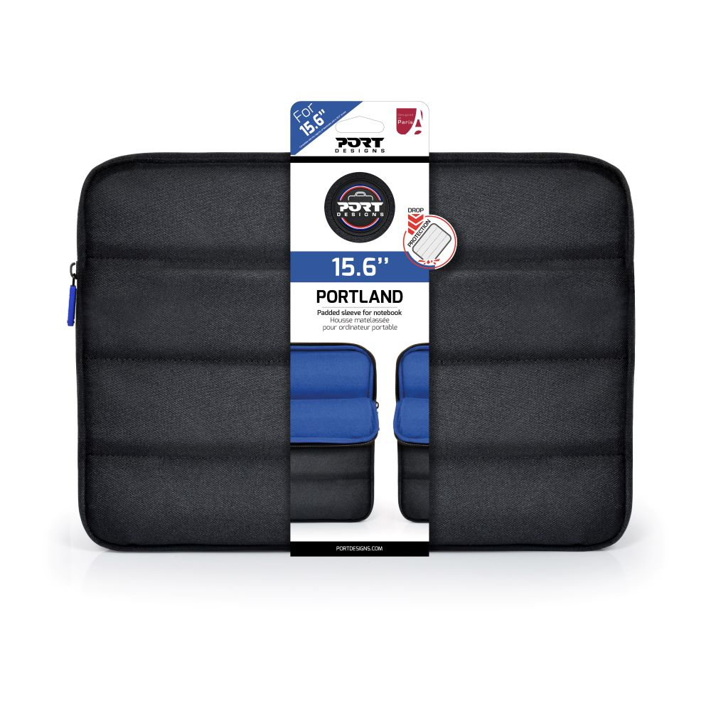 Custodia per laptop nera con il nome del marchio e un accento blu.