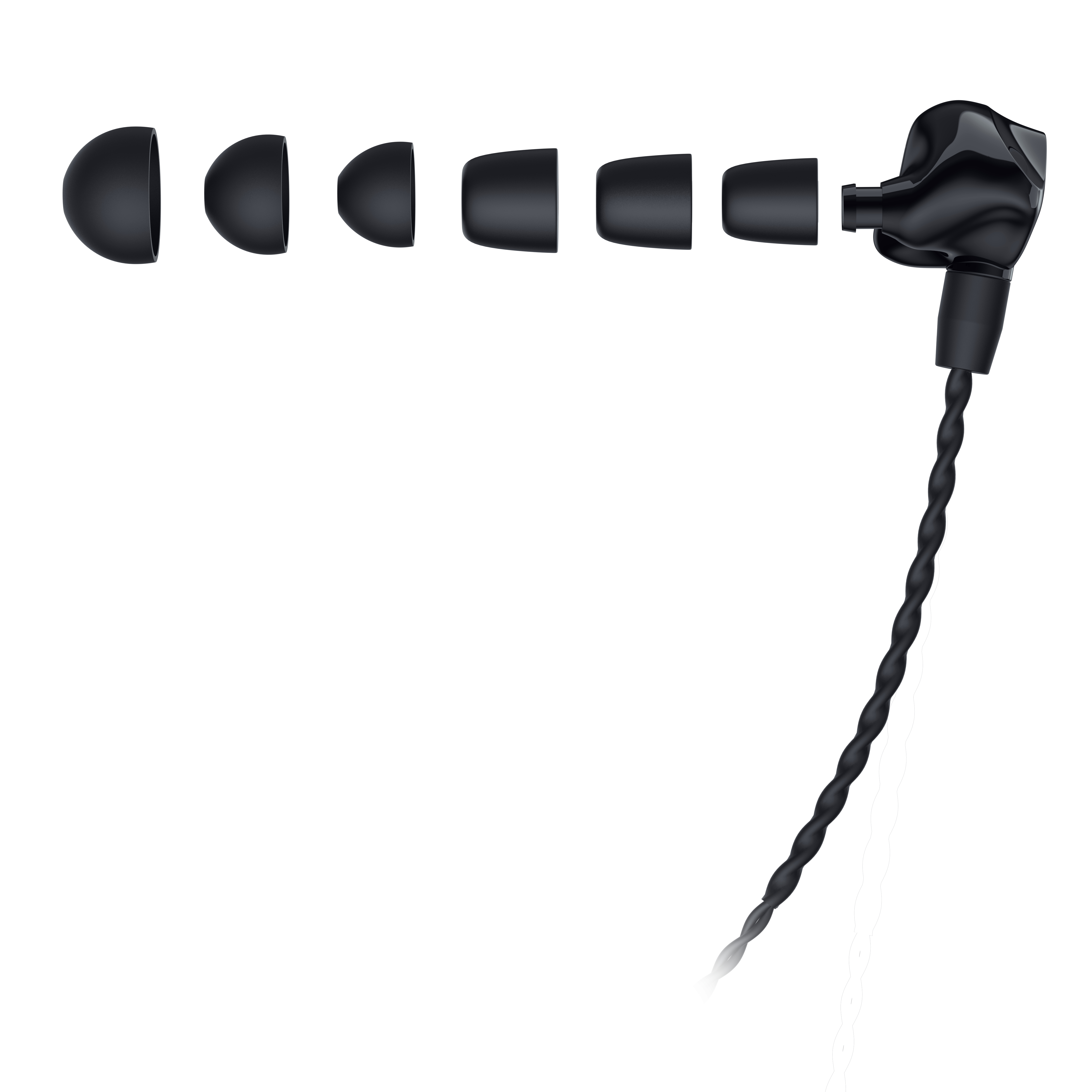 Auricular negro con puntas de oído desmontables. Múltiples tamaños, cable negro.