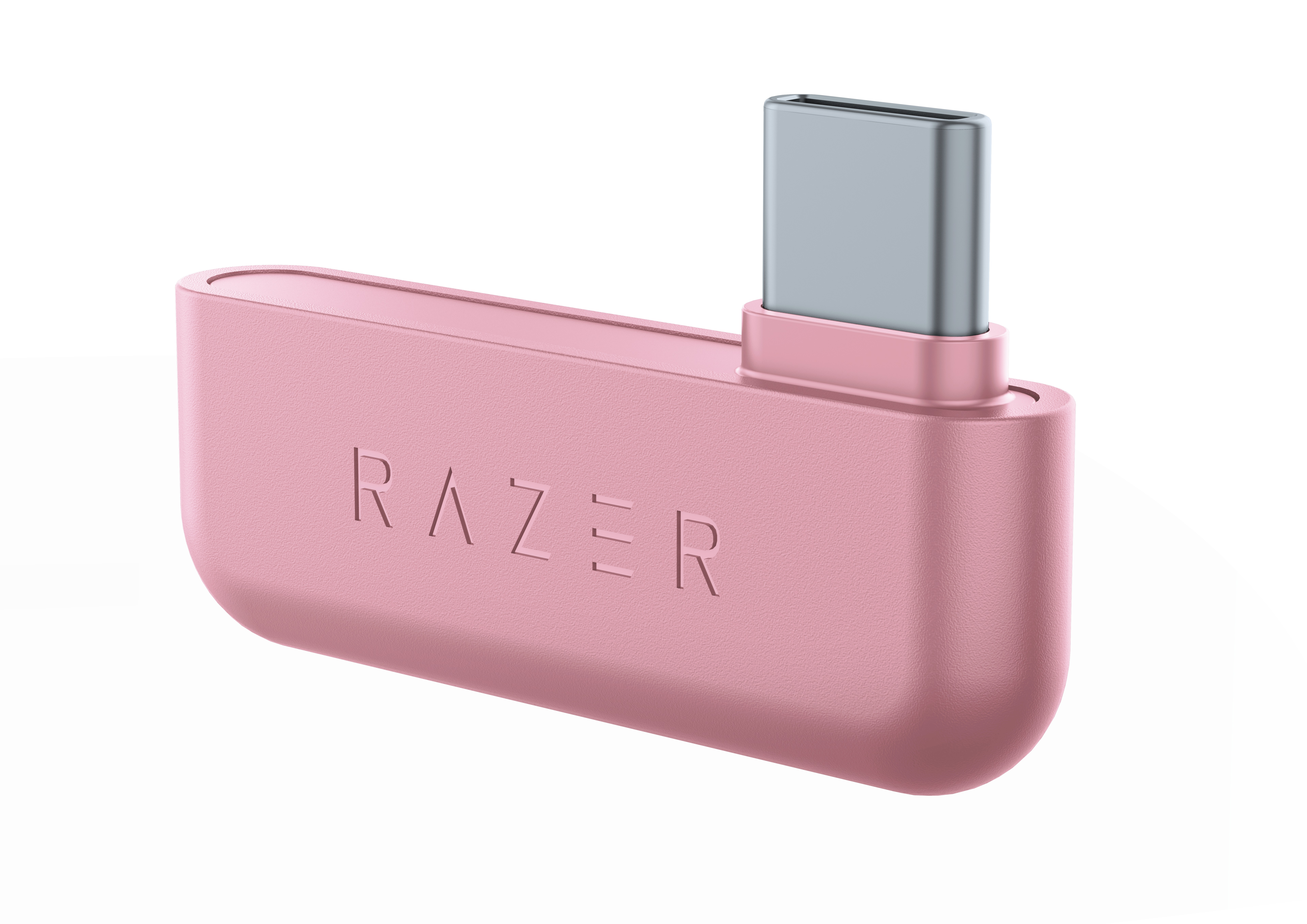 Różowy adapter USB-C. Jest na nim logo Razer, i srebrne złącze USB-C.