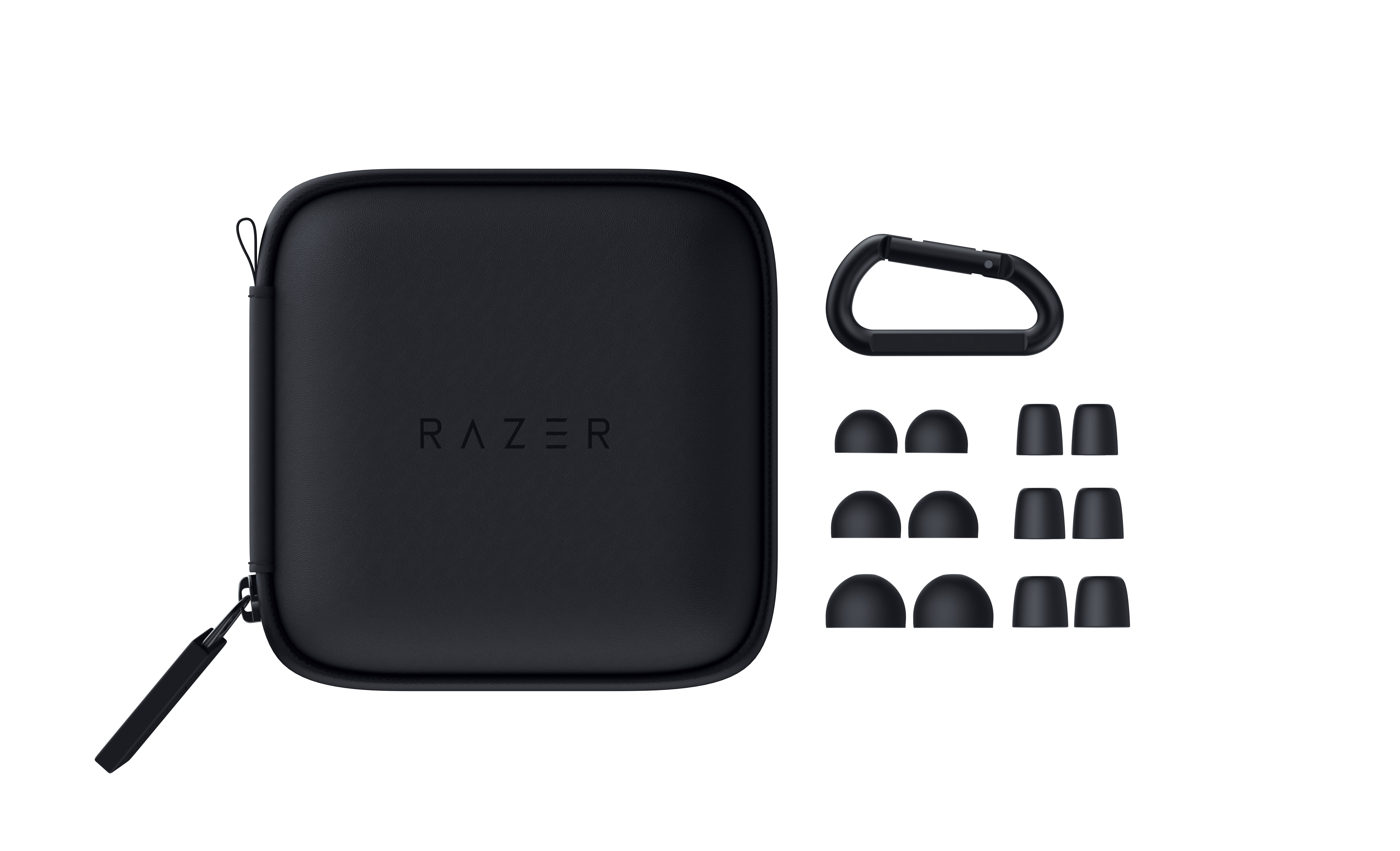 Black carrying case with earbuds and ear tips. Includes a carabiner.