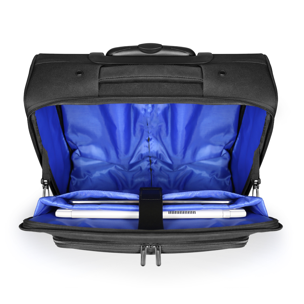Una valigia nera con interno blu e un laptop nel vano anteriore.