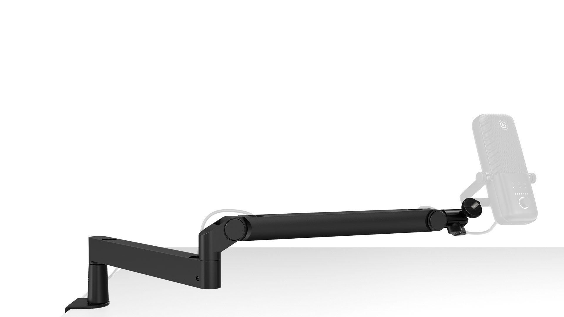 Zwarte verstelbare arm voor een telefoon. Het is gemonteerd op een bureau met een telefoon.