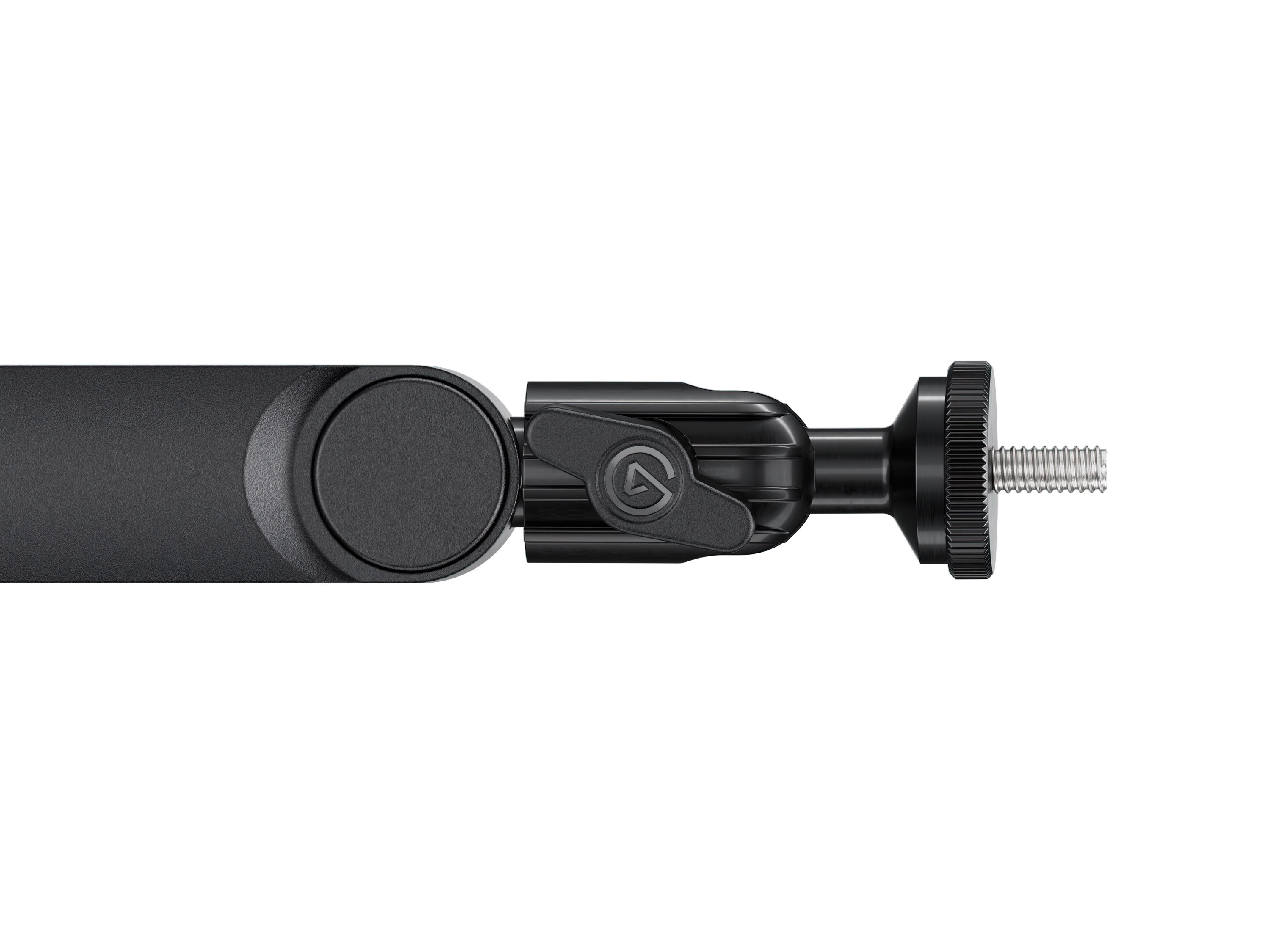 Zwarte video apparatuur arm, schroef en knop detail. Schuin voor aanpassing. Witte achtergrond.