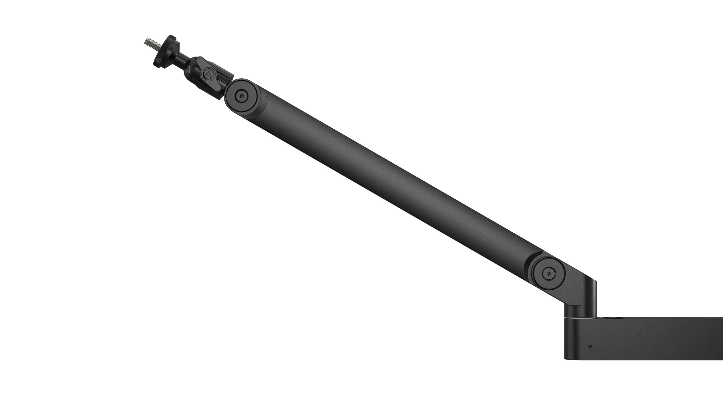 Zwarte, beweegbare arm op witte achtergrond, met een kogelgewricht aan het uiteinde.