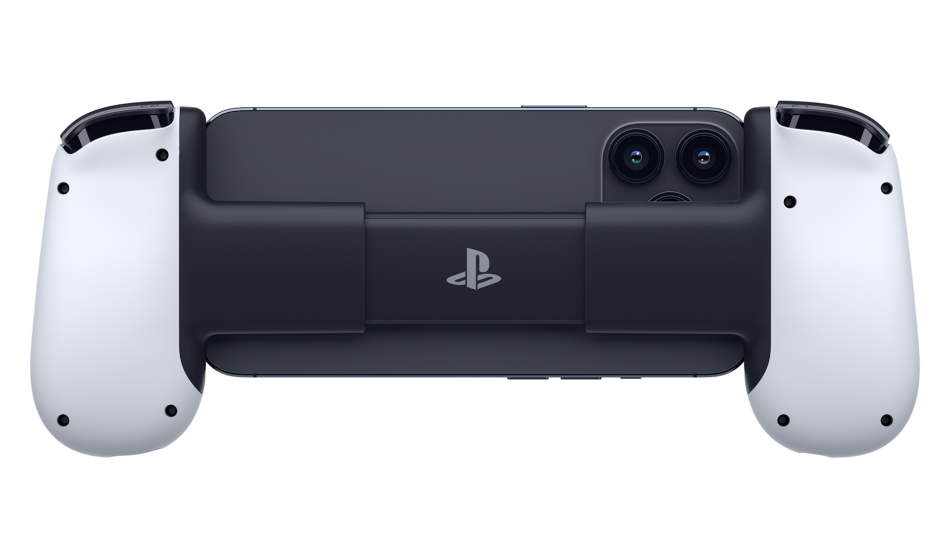Czarny telefon włożony do kontrolera gier. Kontroler ma białe uchwyty z logo PS.