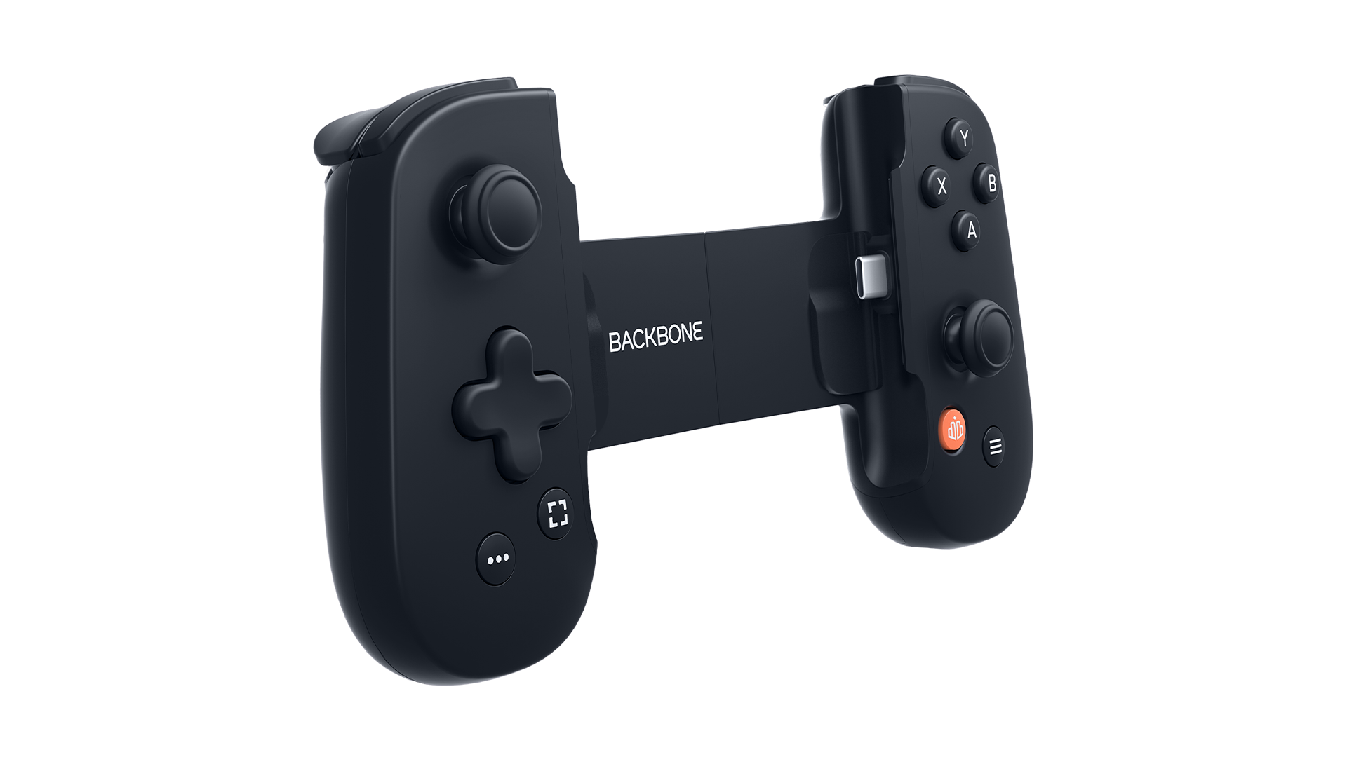 Ein schwarzer Gamecontroller mit Knöpfen und dem Backbone-Logo wird gezeigt.