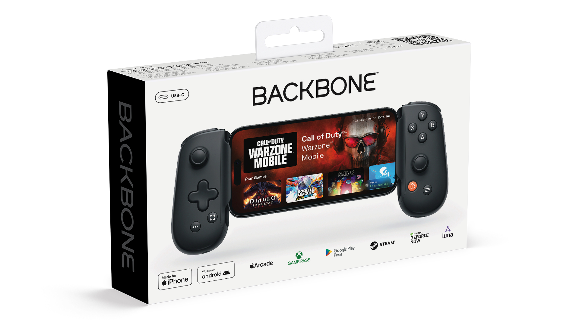 Ein schwarzer Backbone-Controller mit Telefon in einer Box auf weißem Hintergrund.