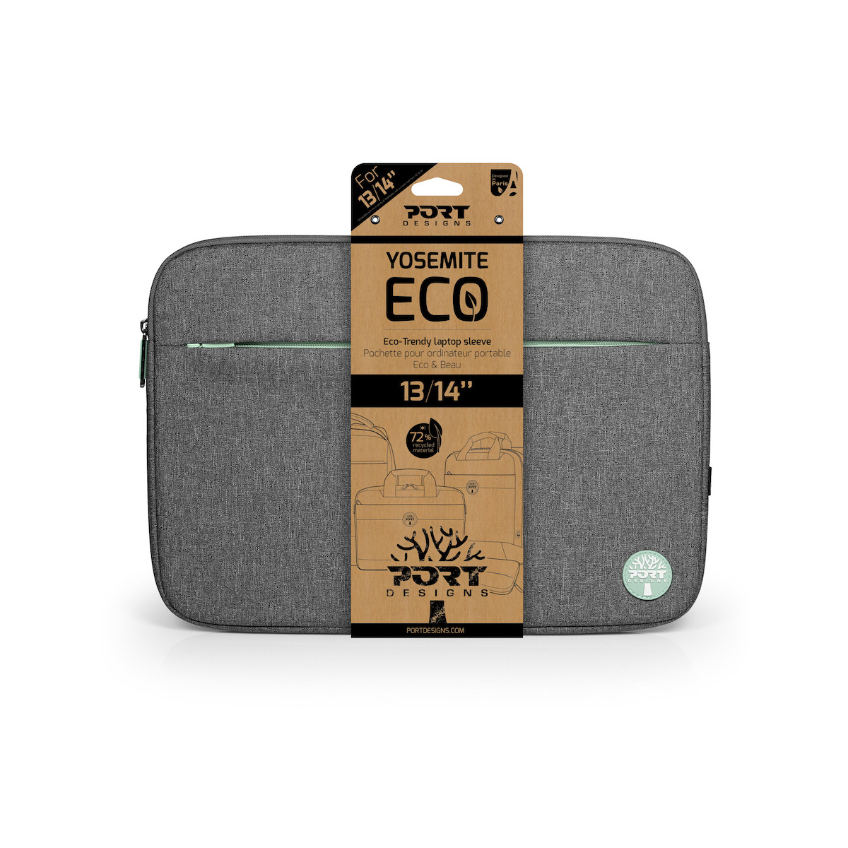 Custodia per laptop grigia con cerniera verde ed etichetta del marchio, con etichetta di cartone in alto.
