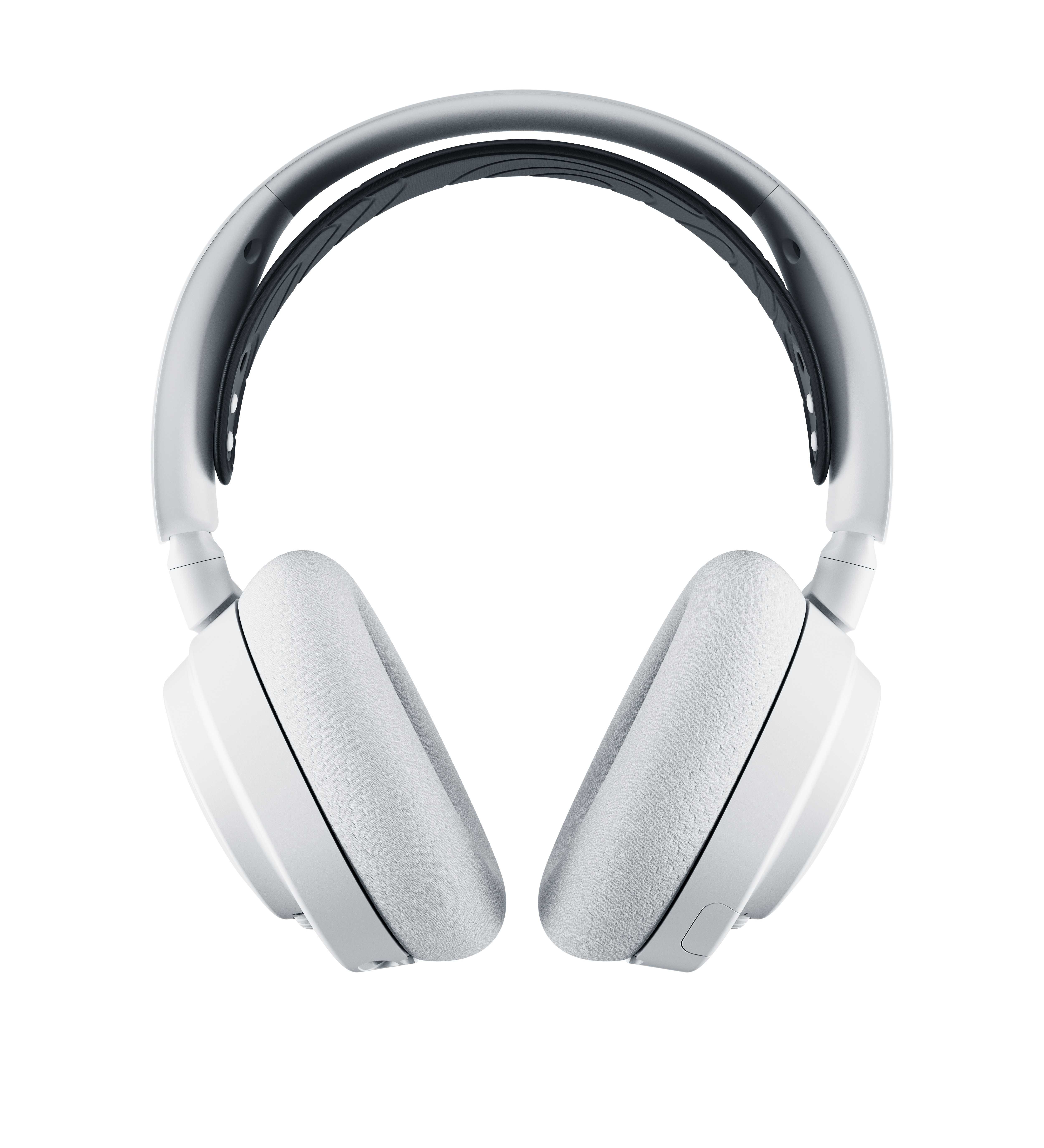 Cuffie bianche over-ear dal design elegante, viste dall'alto su sfondo bianco.