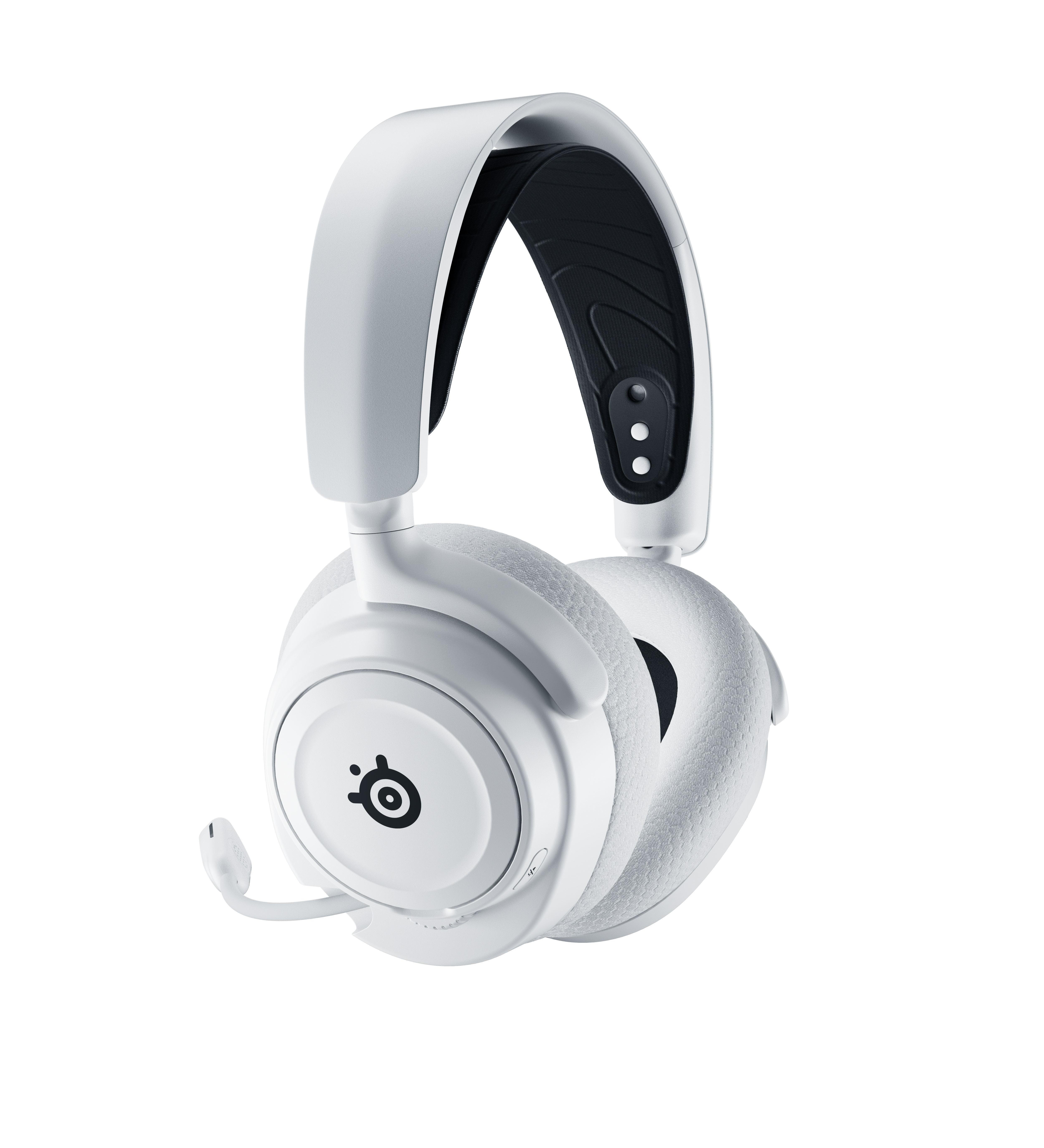Cuffie bianche con microfono. Il logo SteelSeries è visibile su un padiglione auricolare.