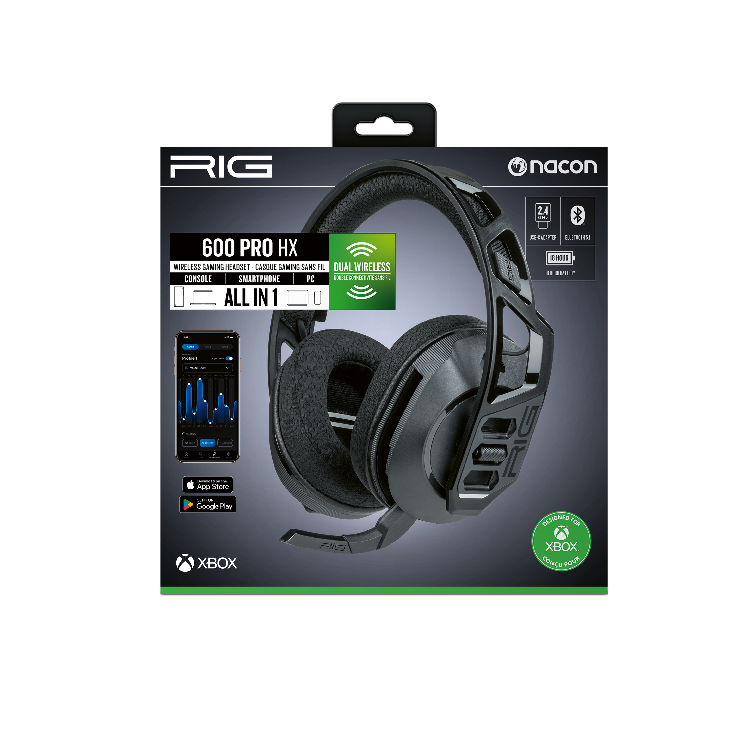 Schwarzes RIG 600 PRO HX Gaming-Headset, verpackt, mit Smartphone- und Xbox-Logos auf weißem Hintergrund.