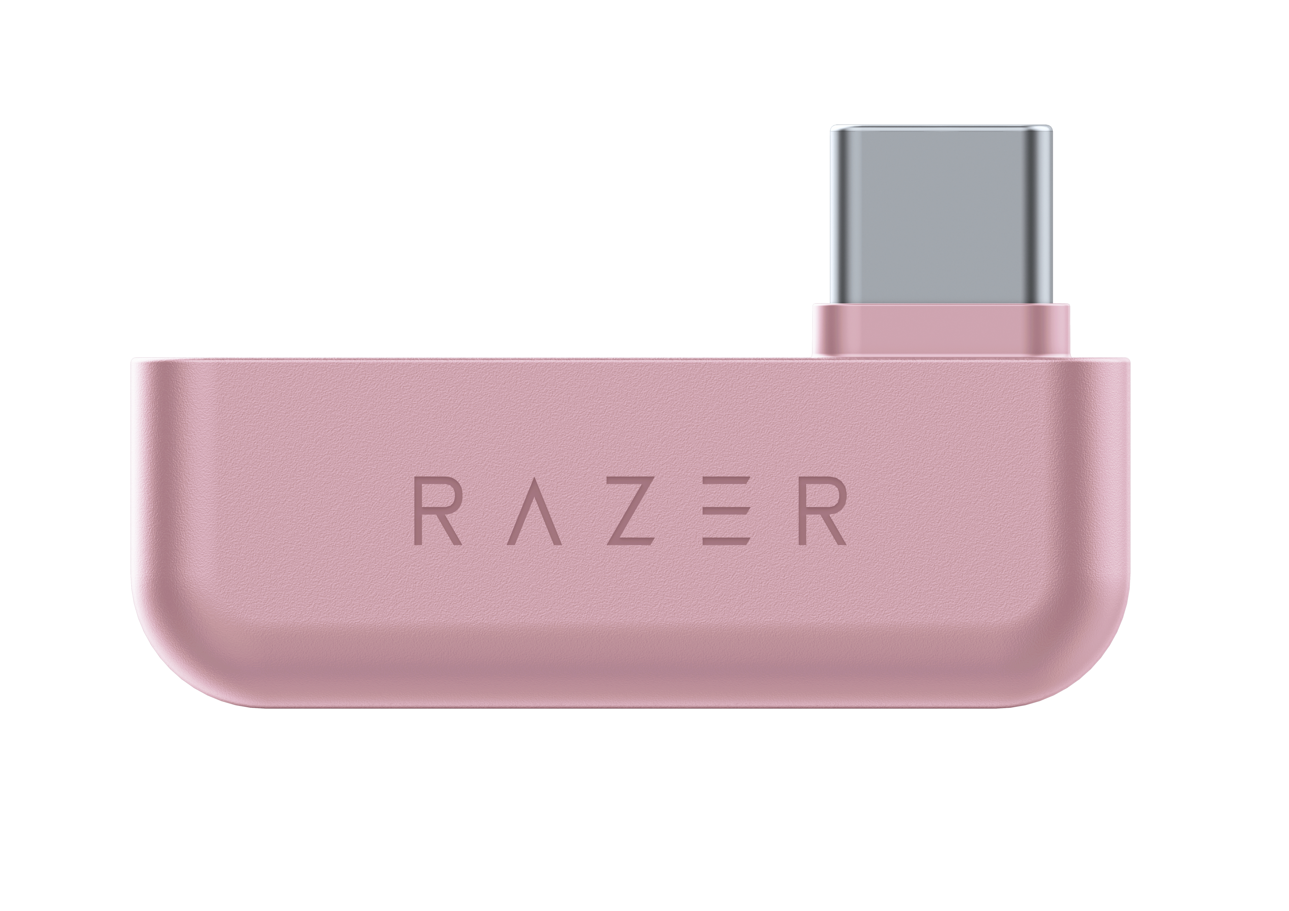 Roze RAZER USB-C adapter met een zilveren USB-C connector op een witte achtergrond.