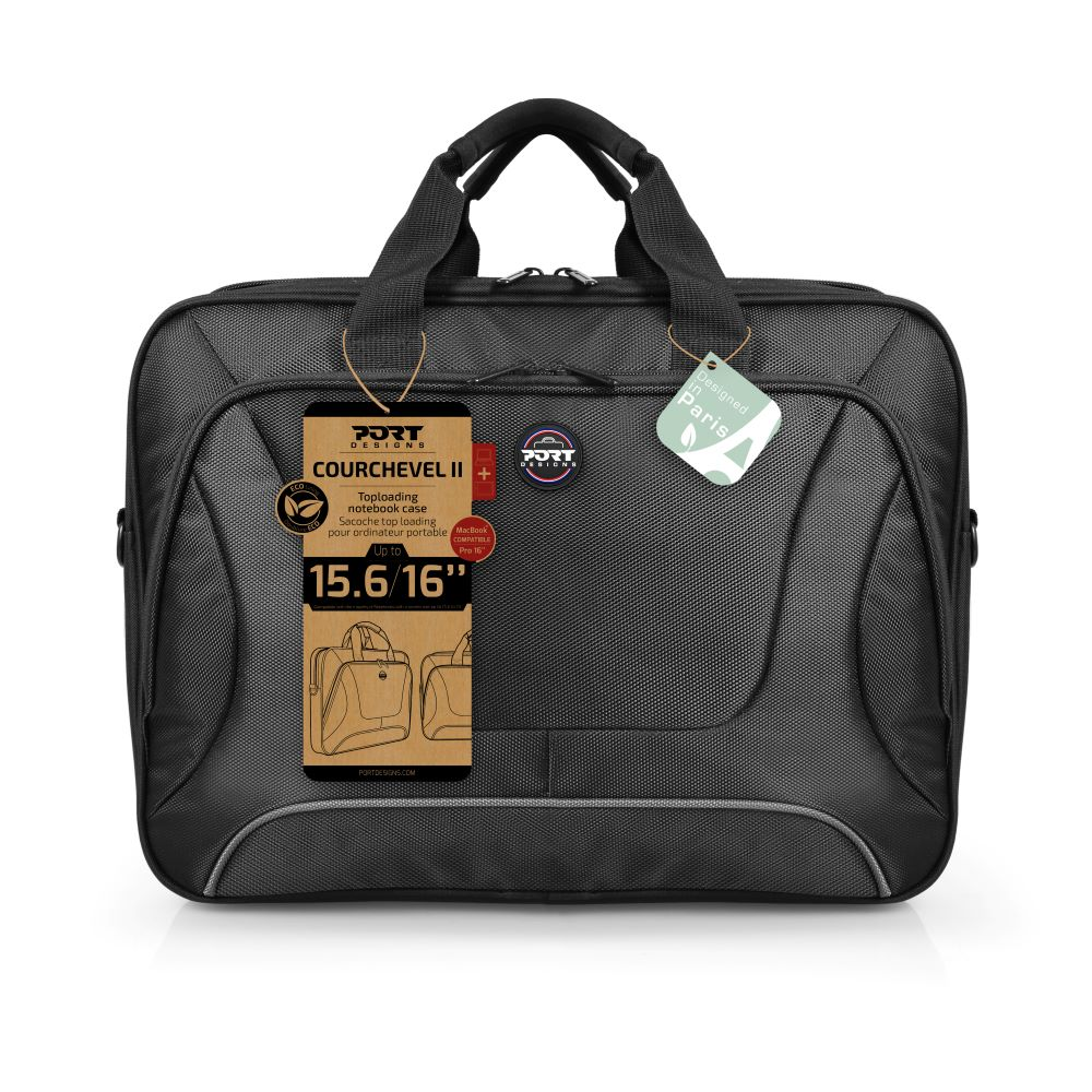 Borsa per laptop nera con manici e tracolla. Testo ed etichette visibili.