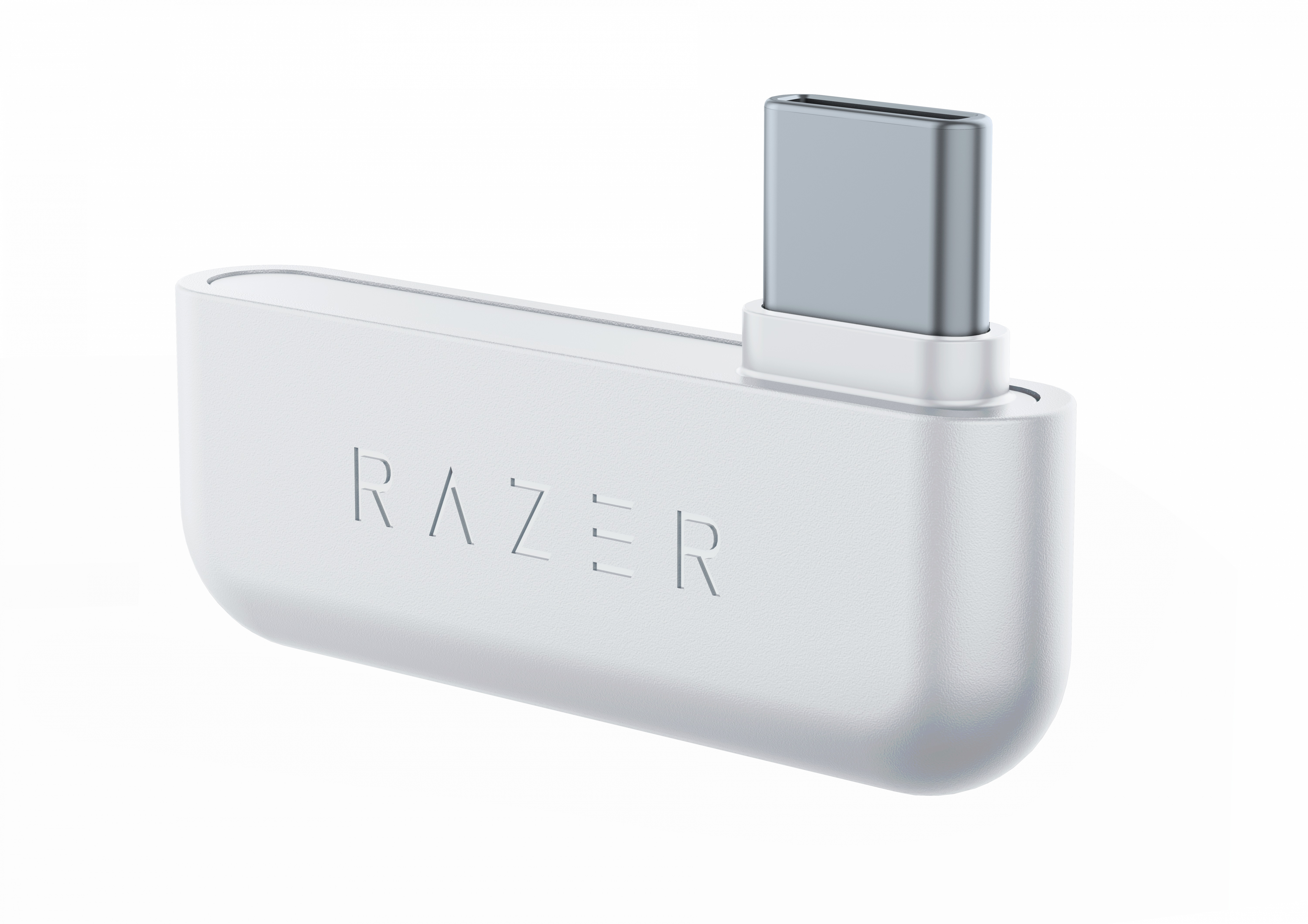Biała przejściówka USB-C, logo Razer, białe tło.