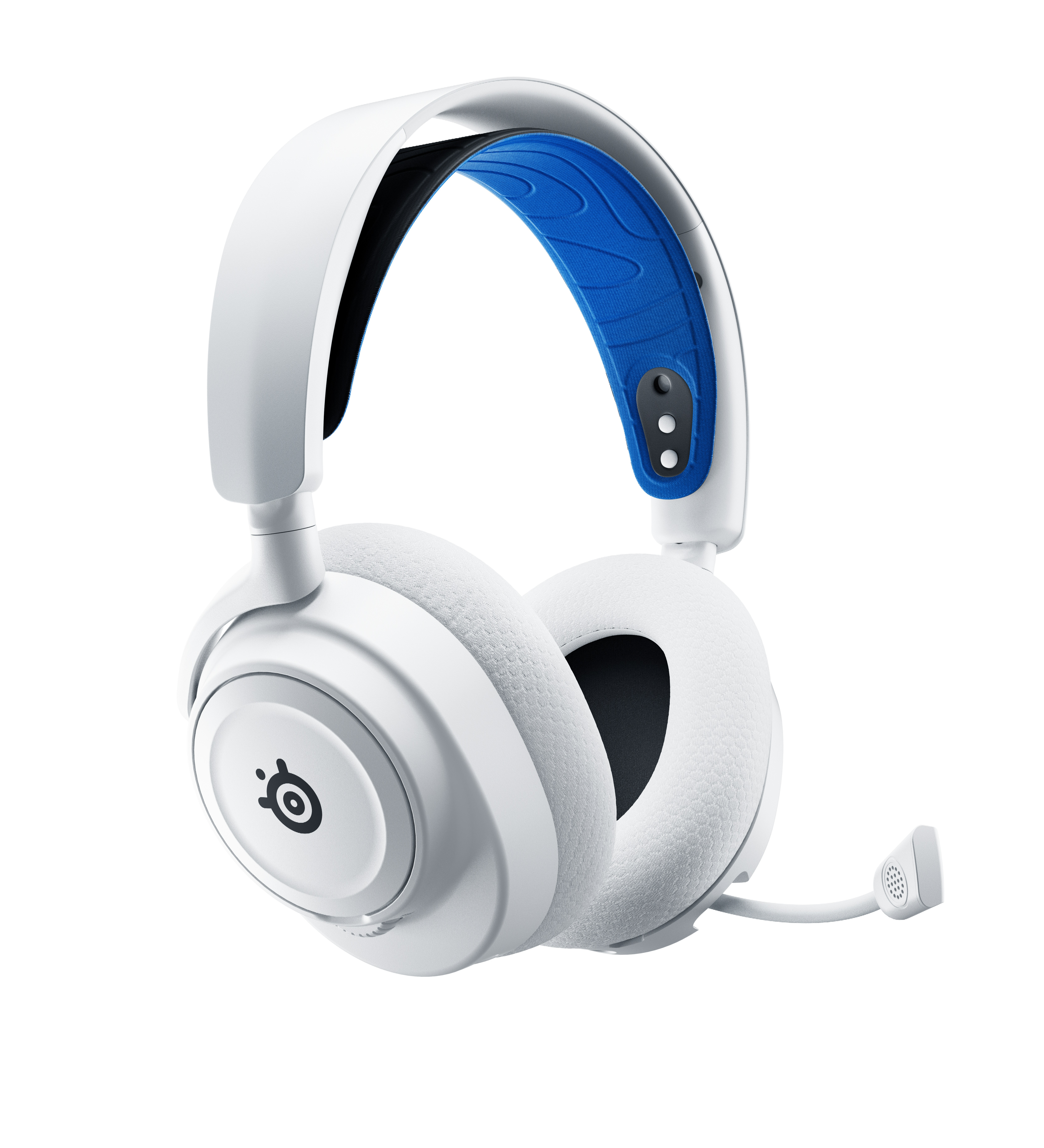 Weißes Gaming-Headset mit blauem Bügel und Mikrofon, isoliert auf weißem Hintergrund.