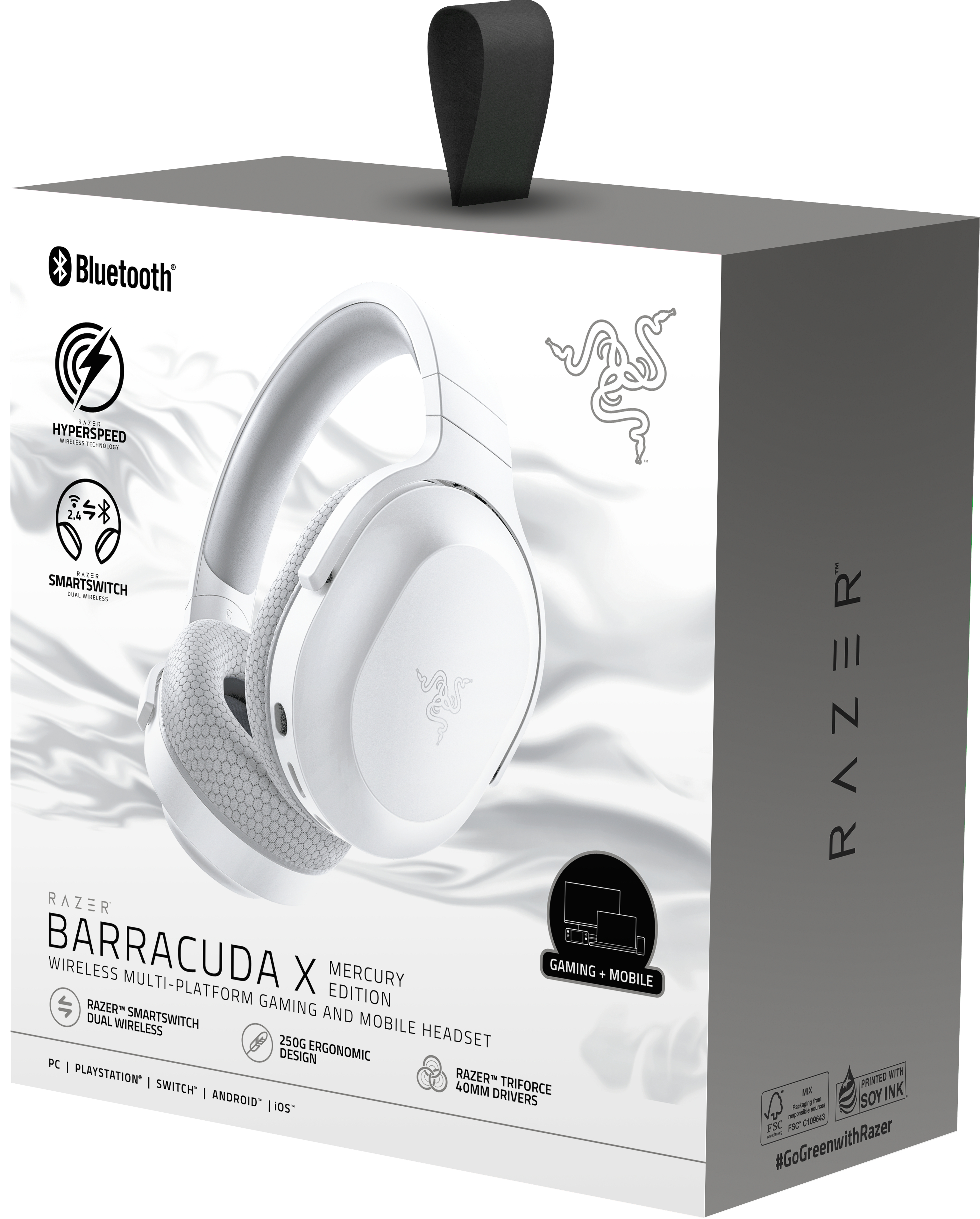 Witte Razer Barracuda X Mercury Edition draadloze gaming headset op een grijze en witte doos.