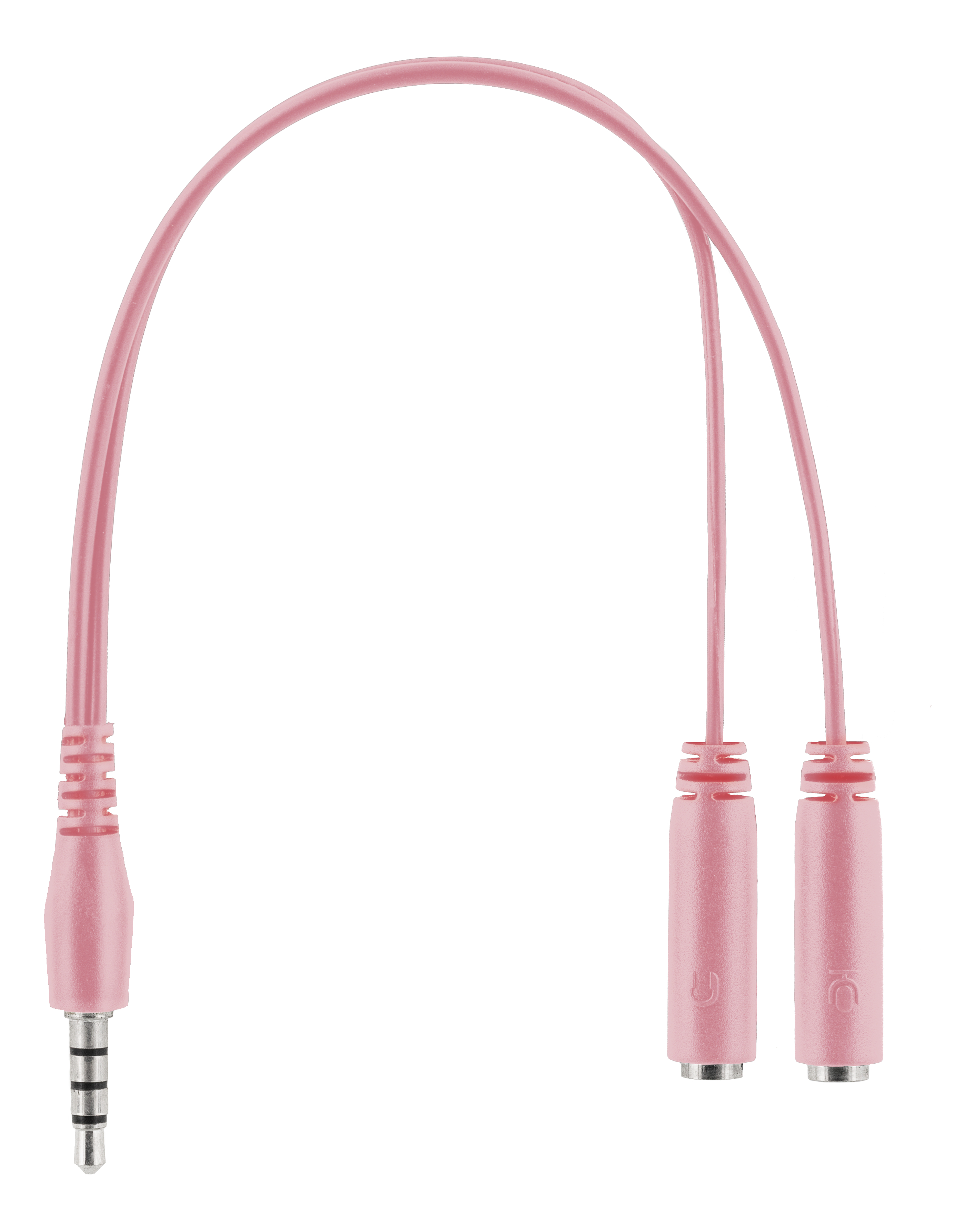 Różowy kabel audio z wtyczką 3,5 mm i dwoma różowymi gniazdami wyjściowymi audio.