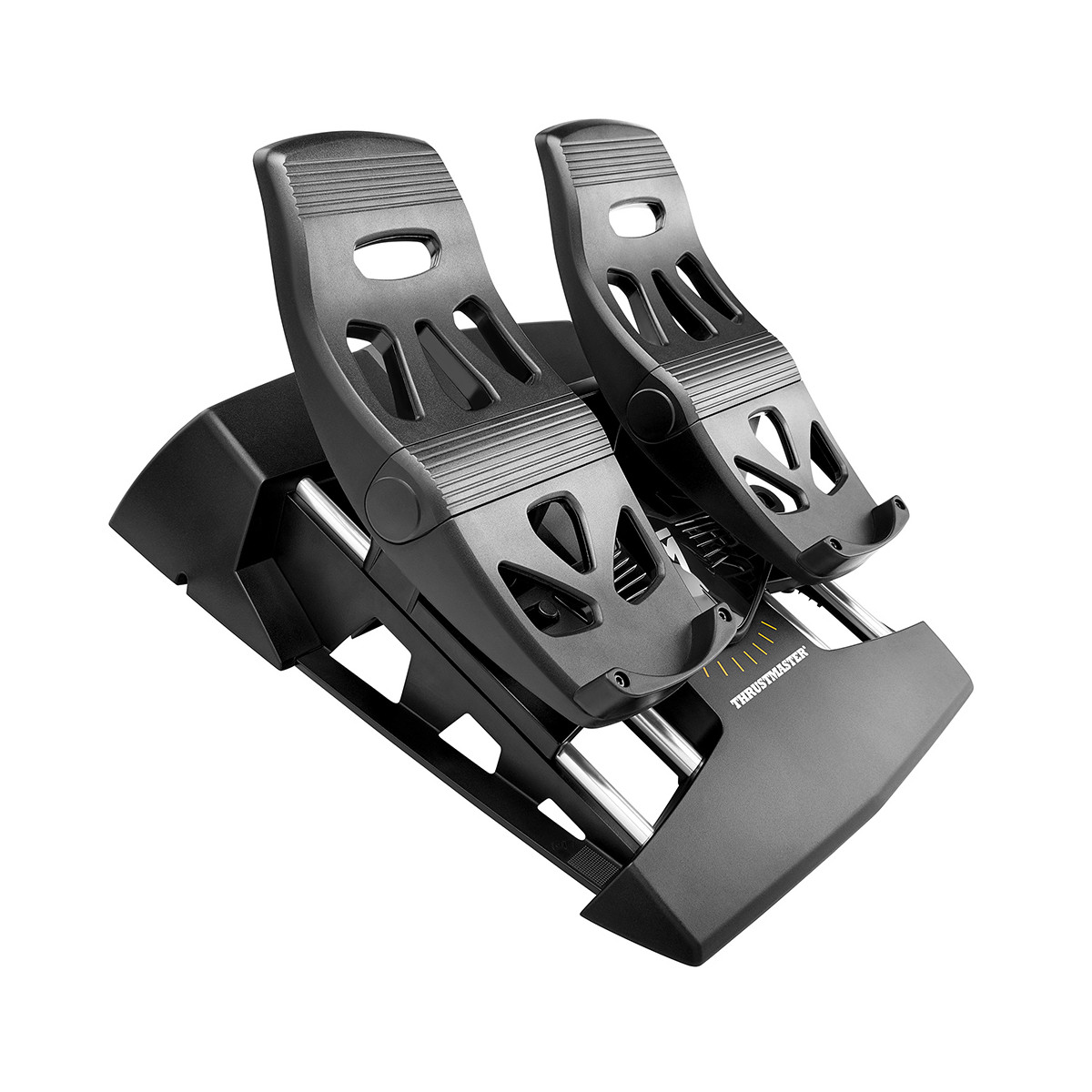 Schwarze Rennpedale auf schwarzer Basis. Silberne Stangen tragen die Pedale. Logo von Thrustmaster.