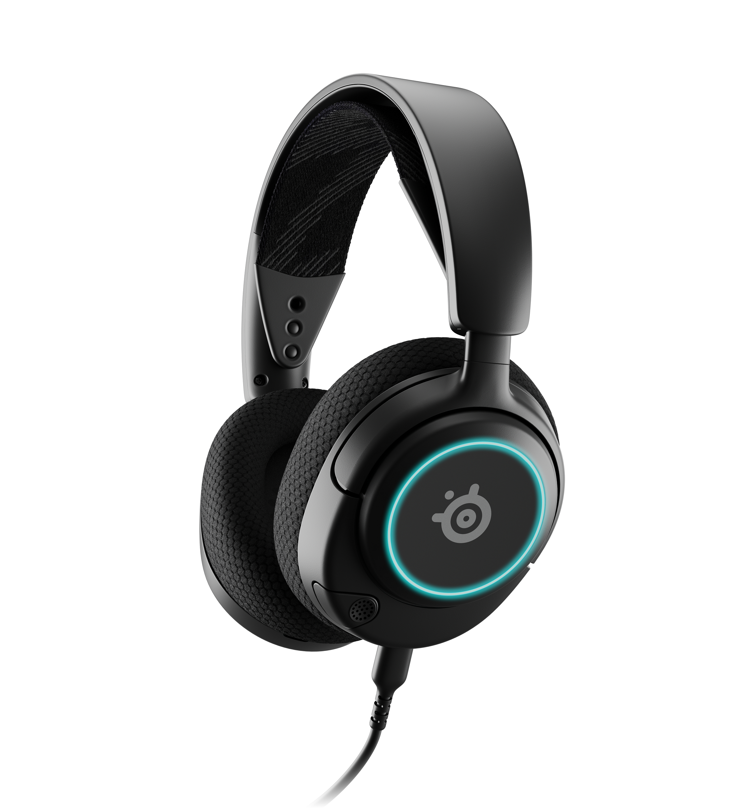 Casque noir avec microphone. Les écouteurs ont une lumière bleue. Fond blanc.