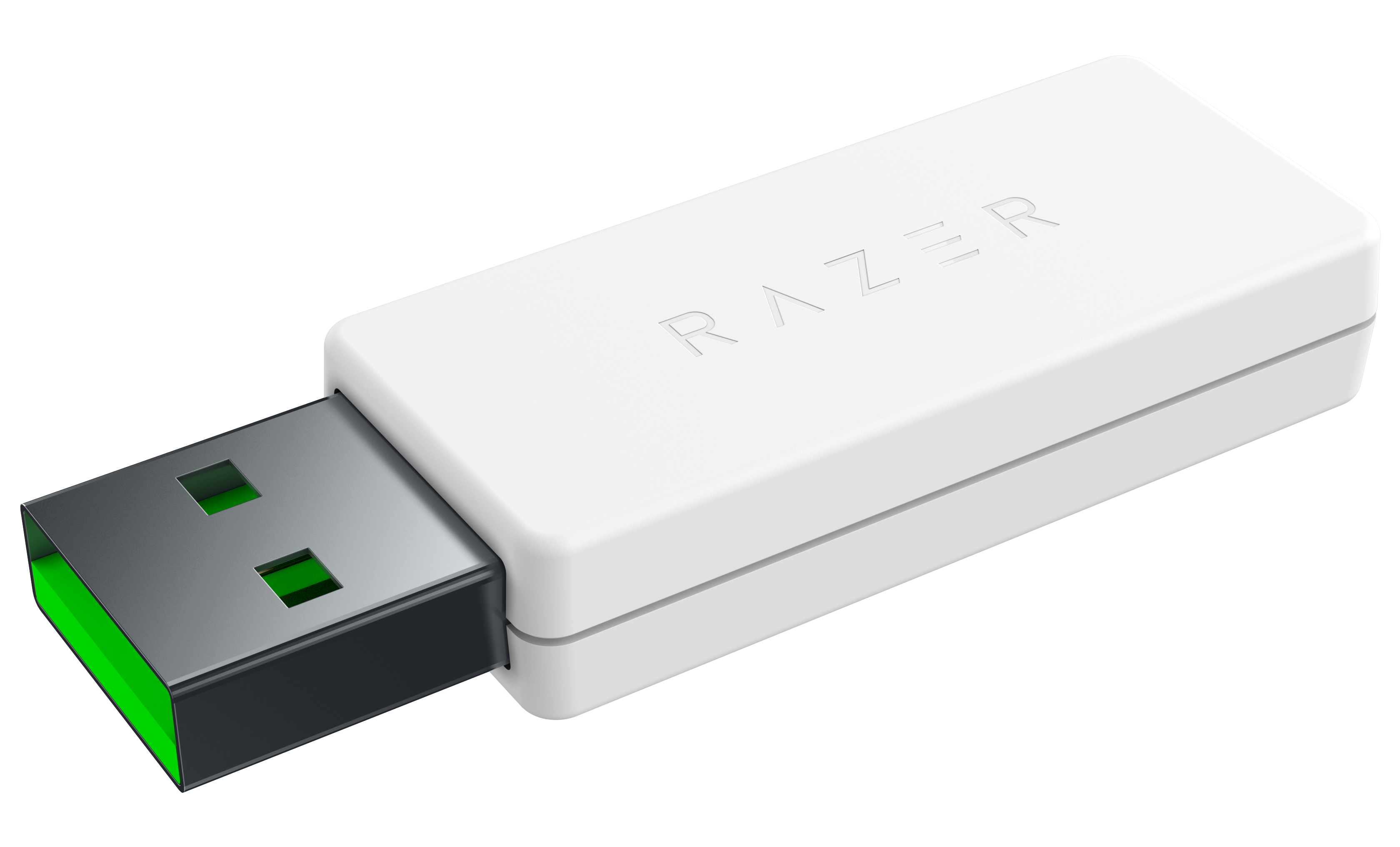 White USB drive with a green tip. The word RAZER is printed on it. White background.