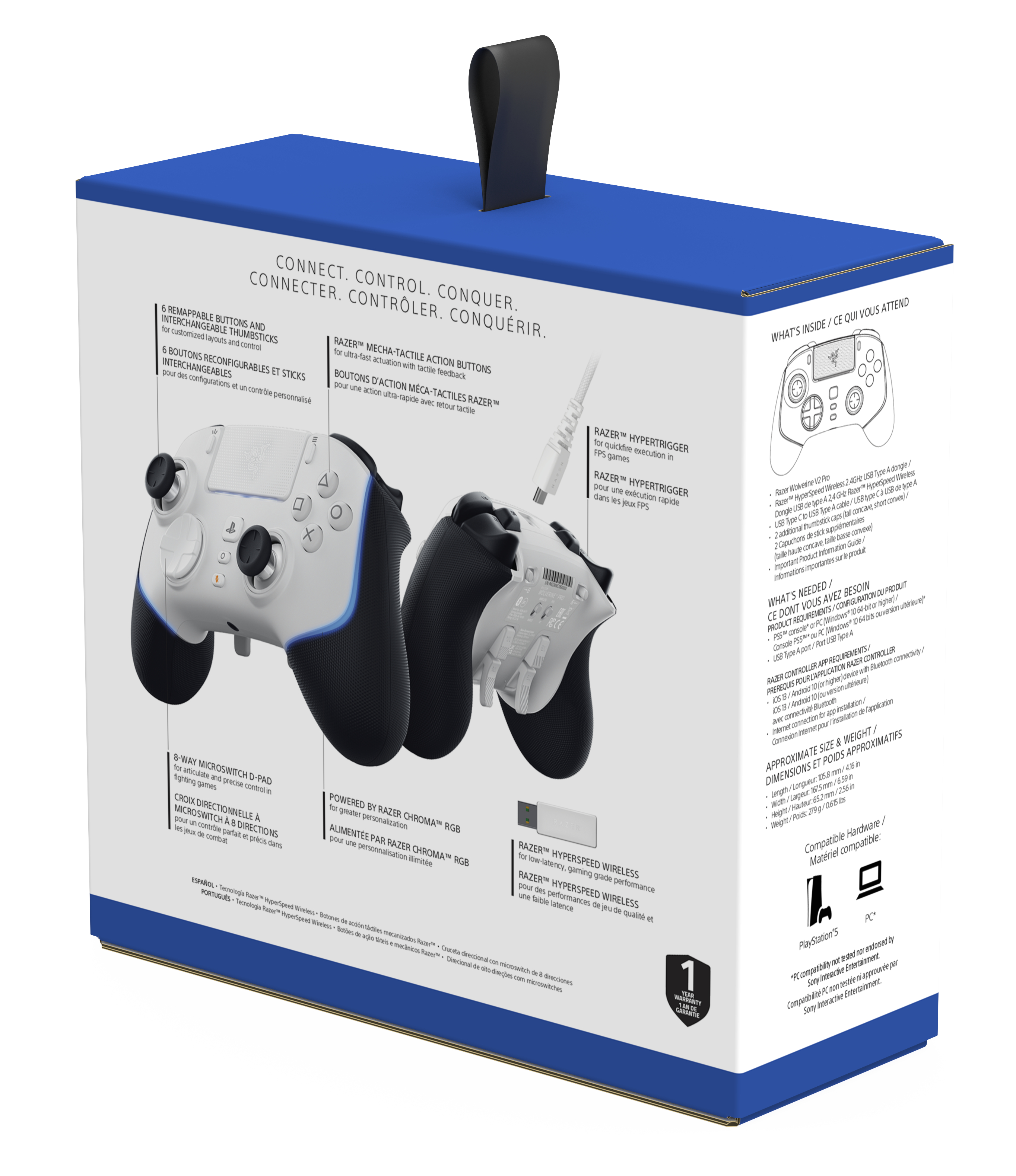 Box of a Razer gaming controller, with controller image and information on the box.