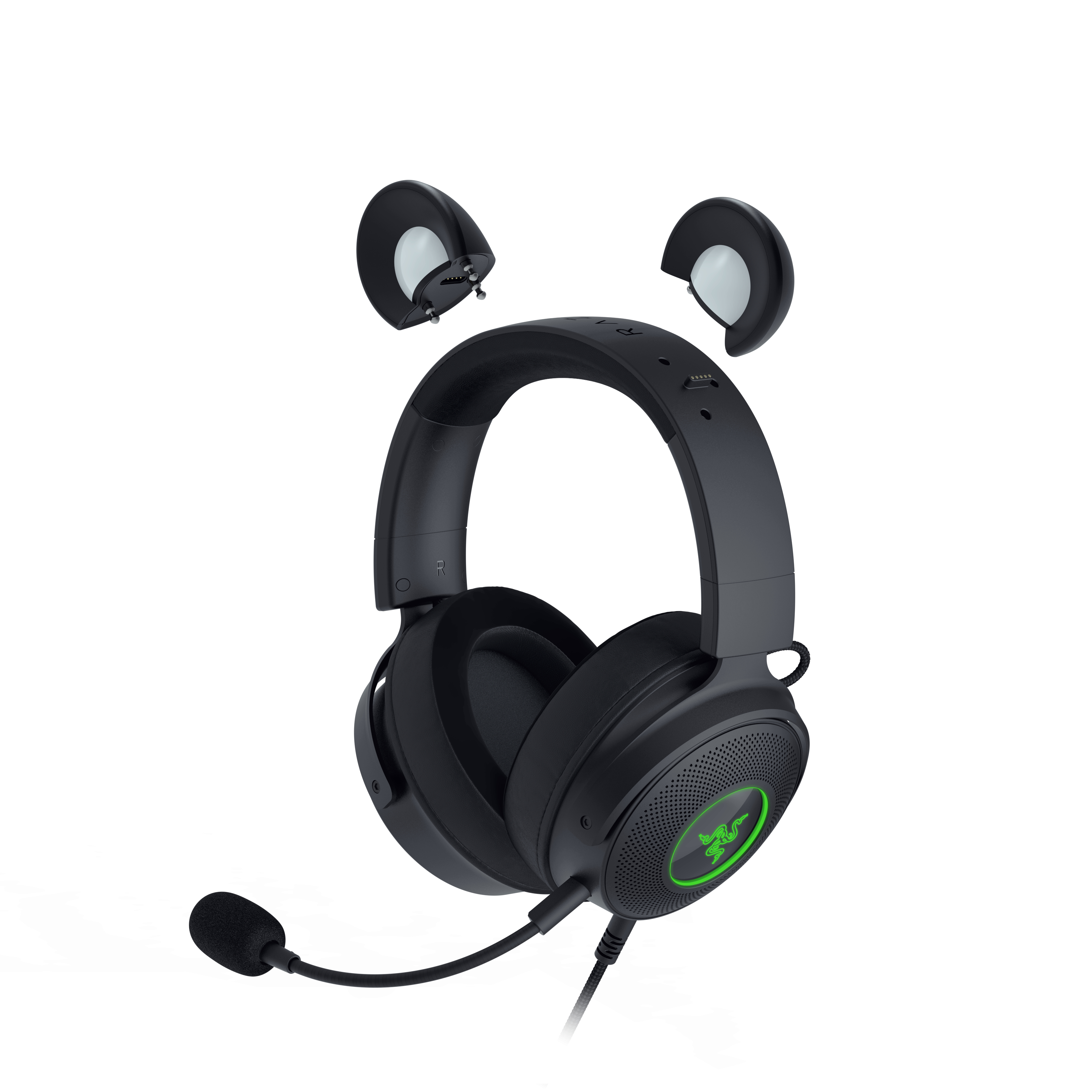 Schwarzes Headset mit abnehmbarem Ohrzubehör und Mikrofon.