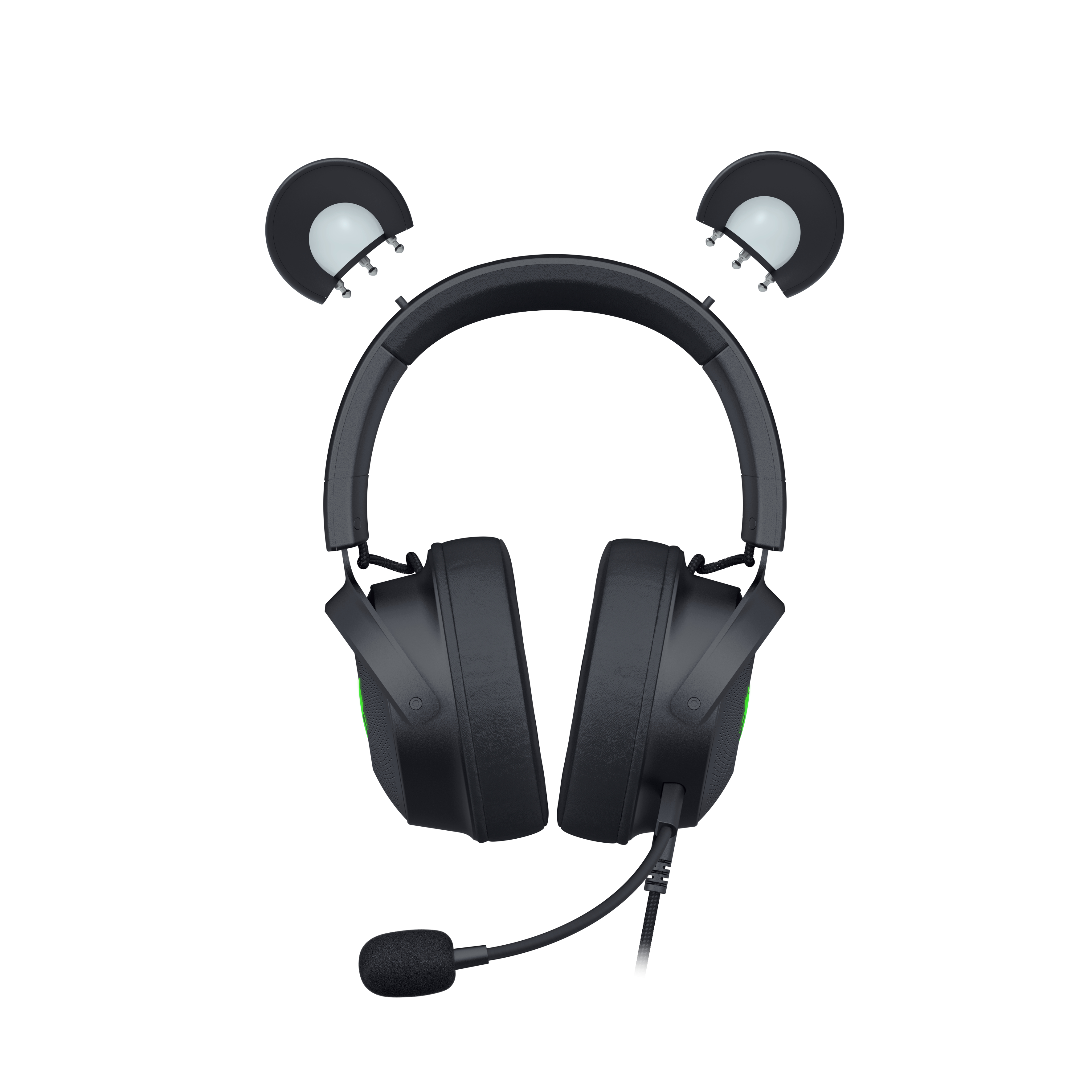 Schwarzes Gaming-Headset mit Bärenohren, Mikrofon und grünen Akzenten, vor weißem Hintergrund.