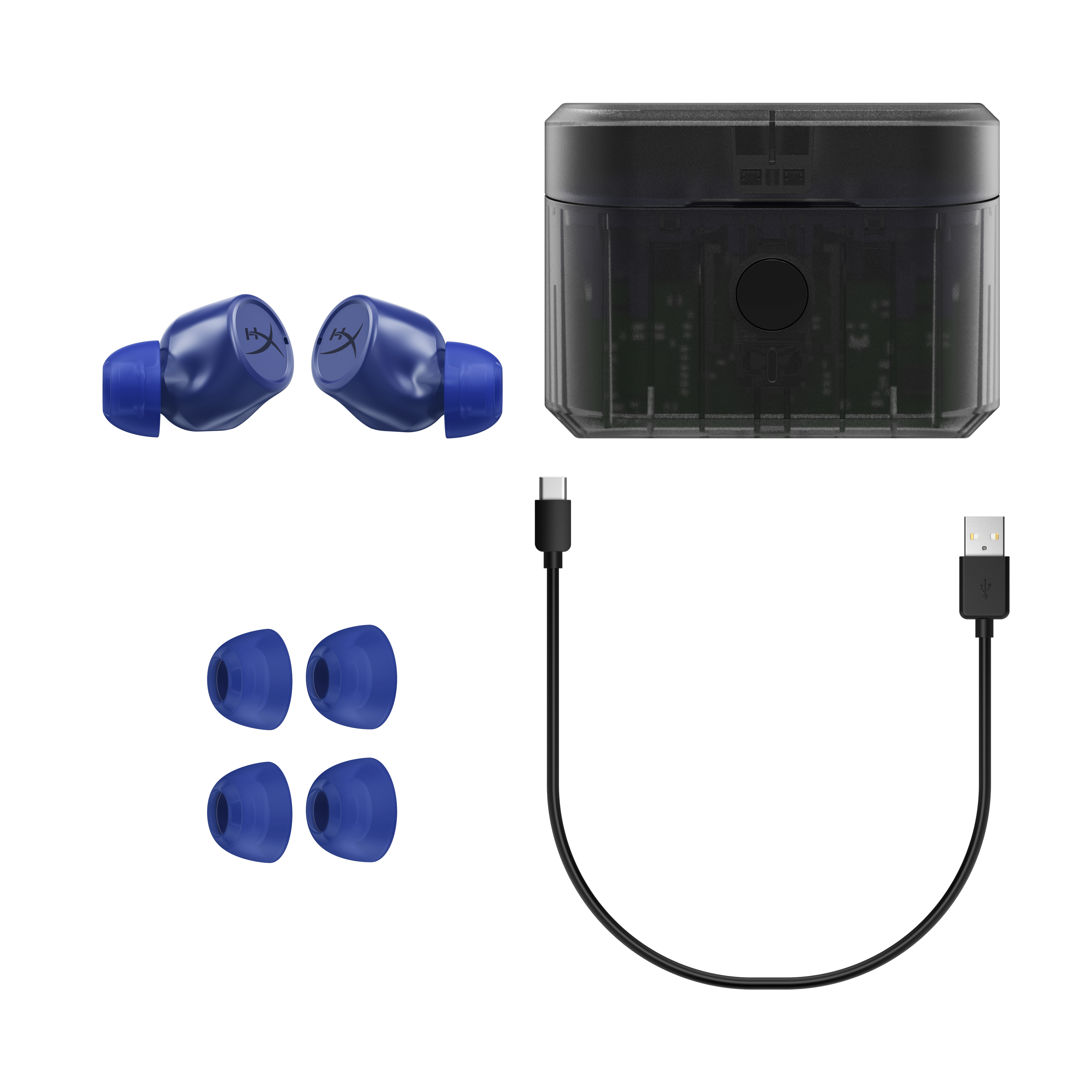 Blaue Ohrhörer, Ladecase und zusätzliche Ohrstöpsel mit USB-C-Kabel und USB-Kabel, auf Weiß.