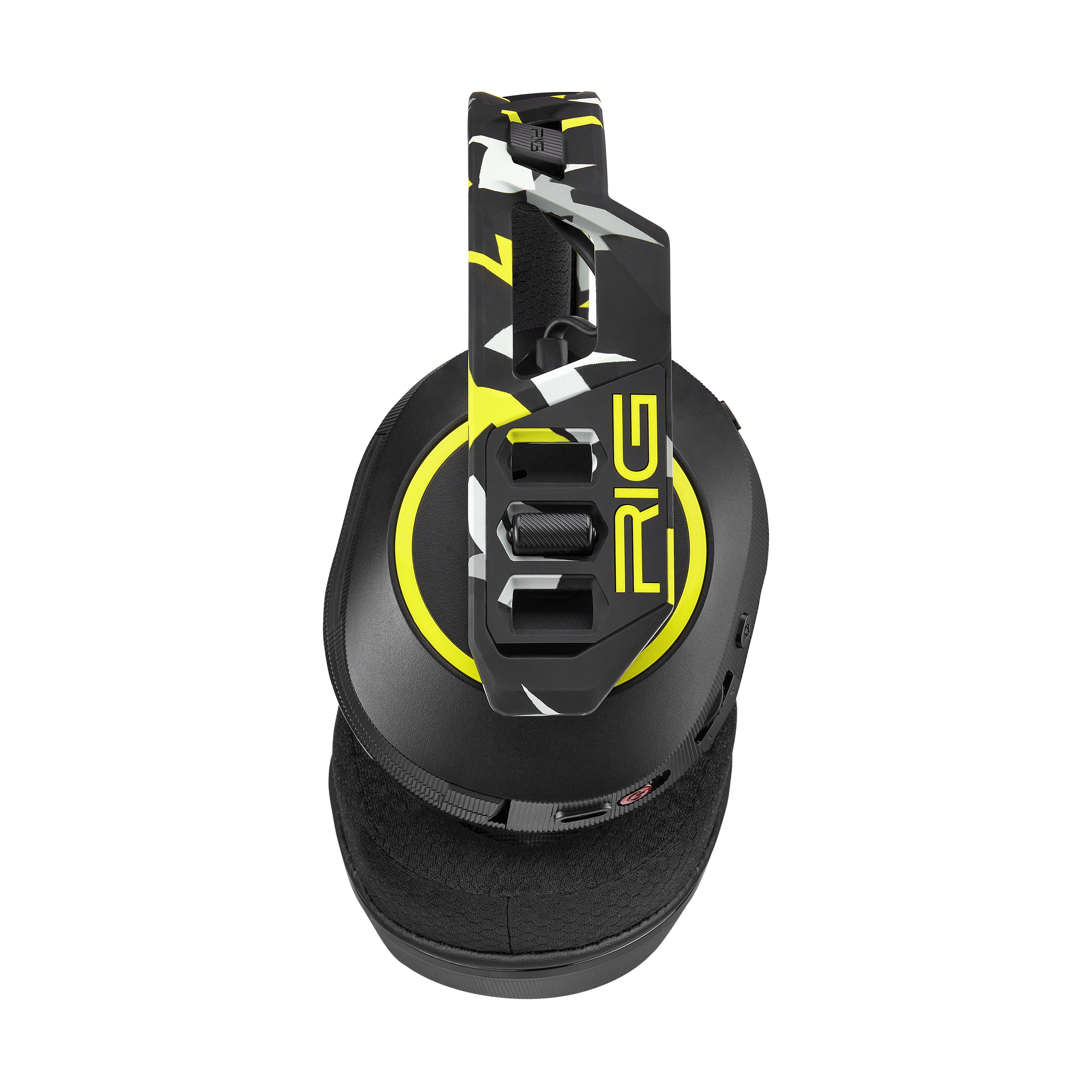 Cuffie da gaming nere e gialle viste dall'alto. Caratterizzate dal marchio RIG e dal design mimetico.