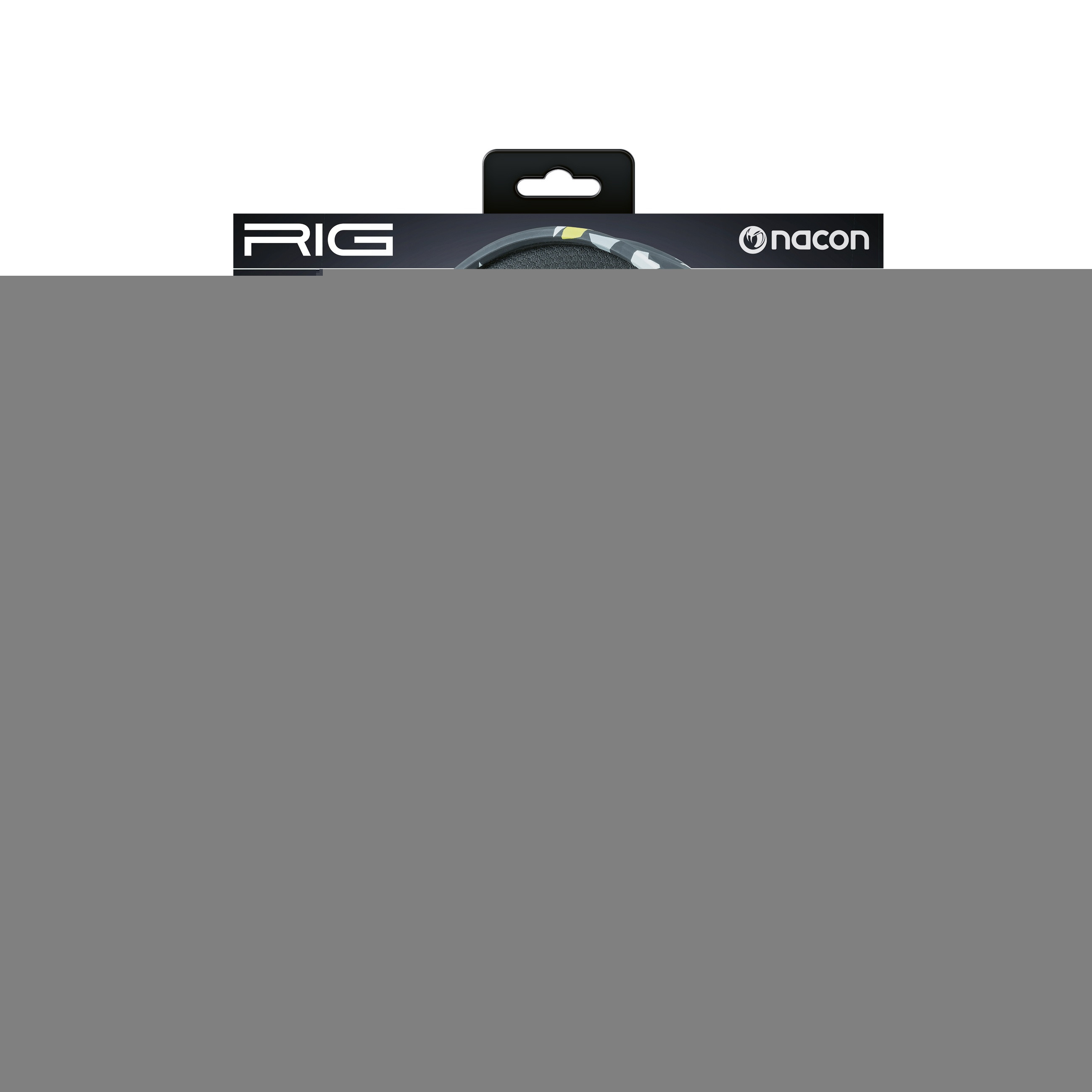 Scatola nera delle cuffie con loghi 'RIG' e 'Nacon' su sfondo grigio.