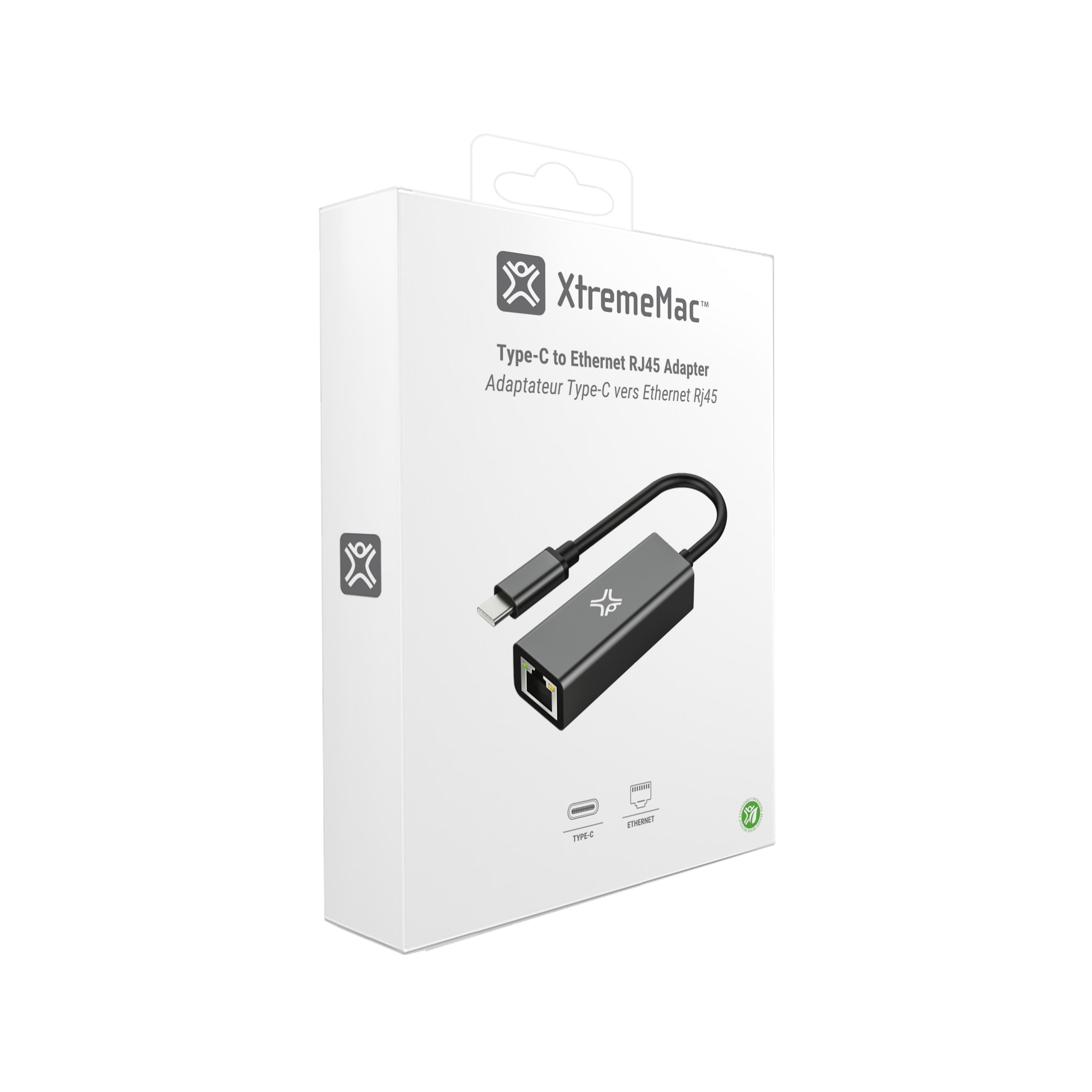 Ethernetadapter in een doos. Zwarte adapter met kabel. Witte achtergrond.