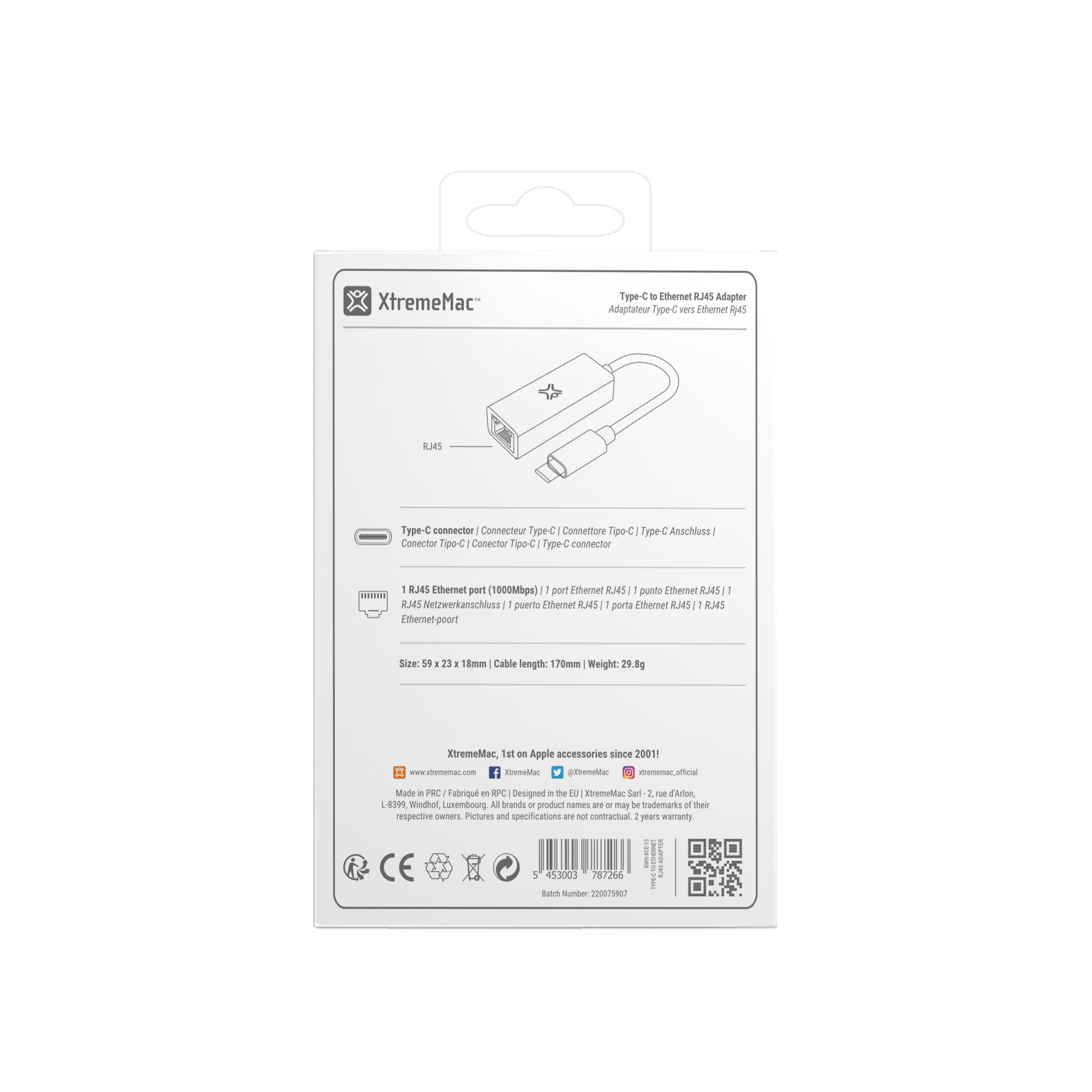 Verpakking van de Type C naar Ethernet RJ45 adapter op een witte achtergrond. De adapter wordt getoond.