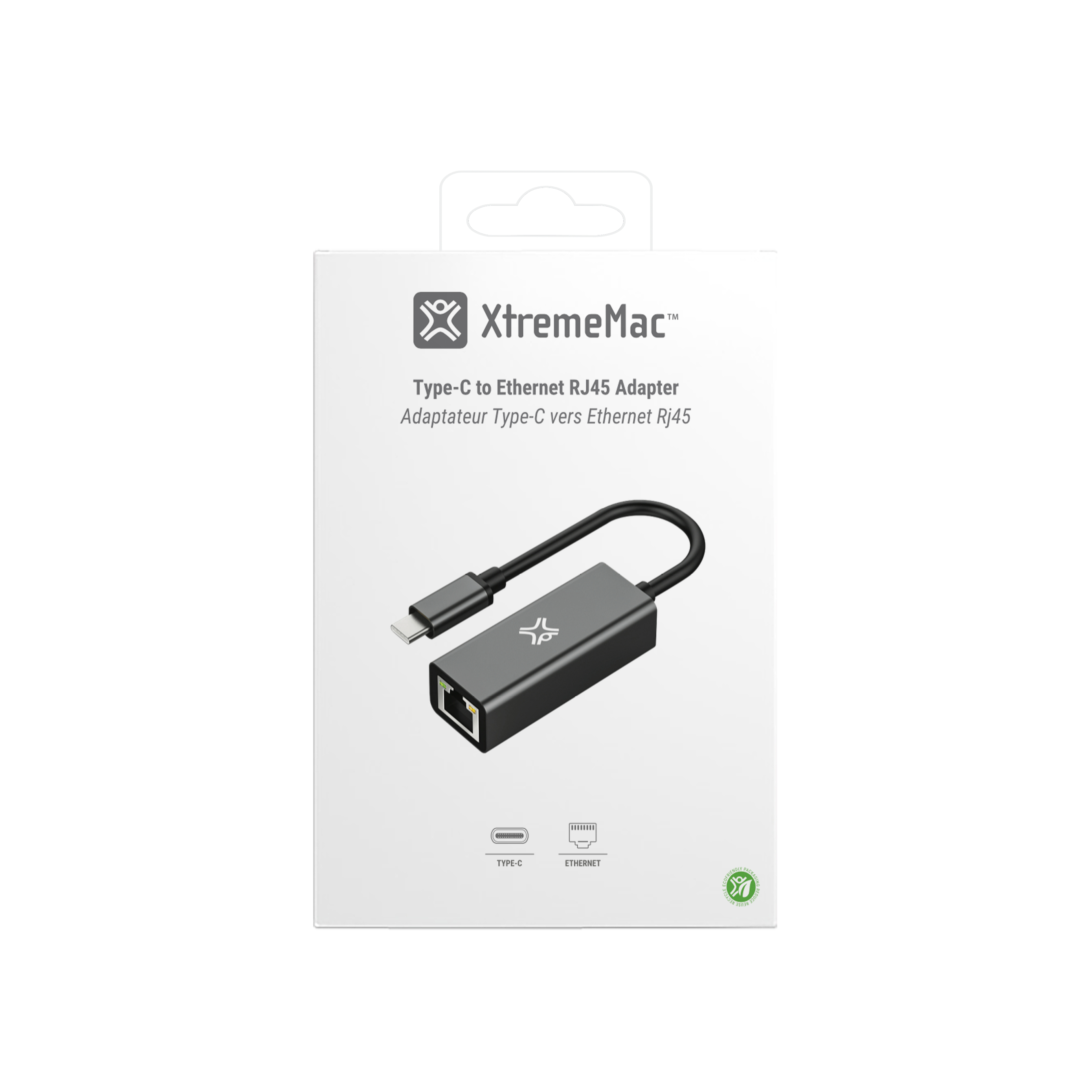 Witte doos met een zwarte adapter en een kabel. De adapter is Type-C naar Ethernet RJ45.