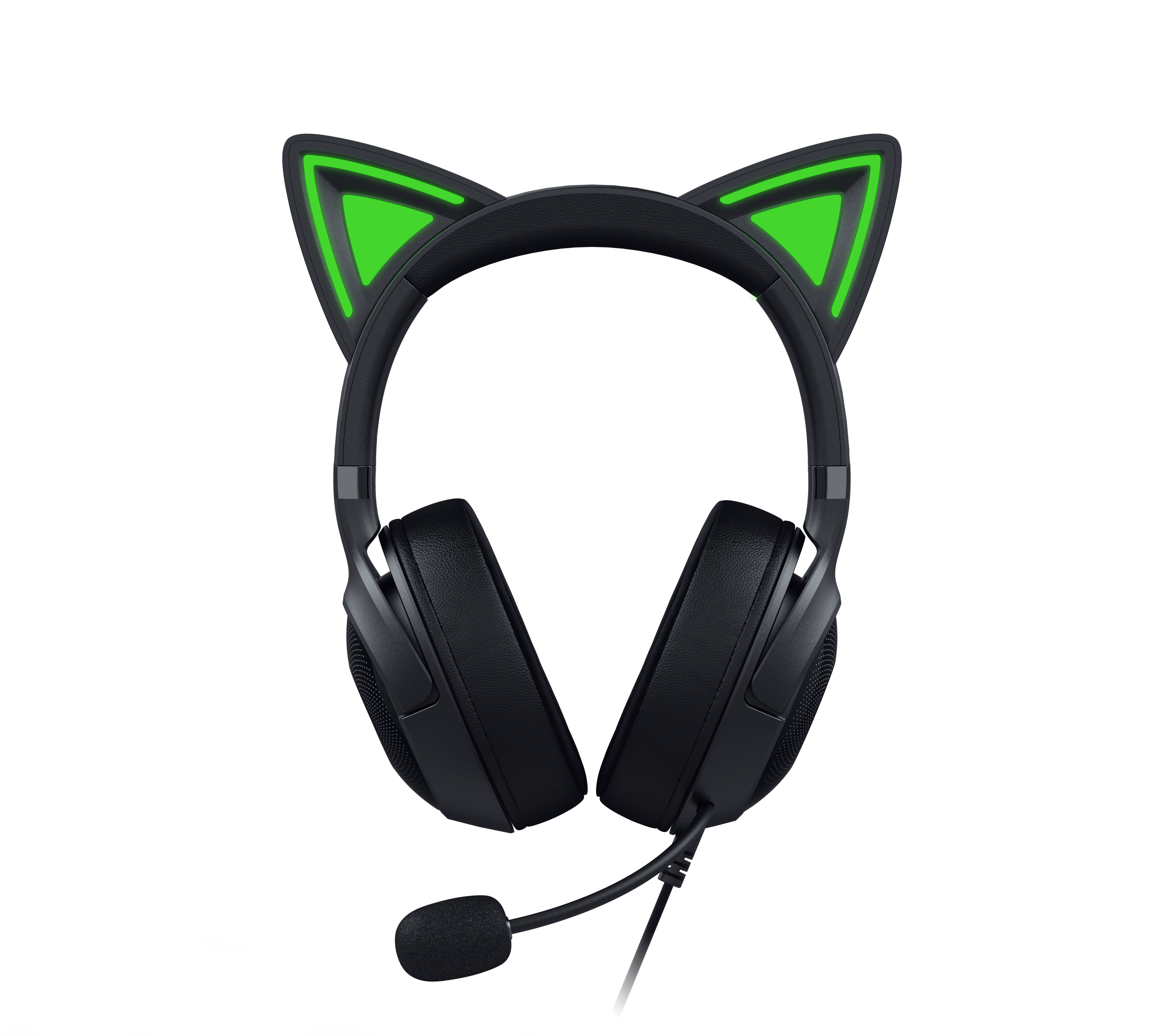 Czarne słuchawki Razer z zielonymi świecącymi uszami kota na czarnym tle.