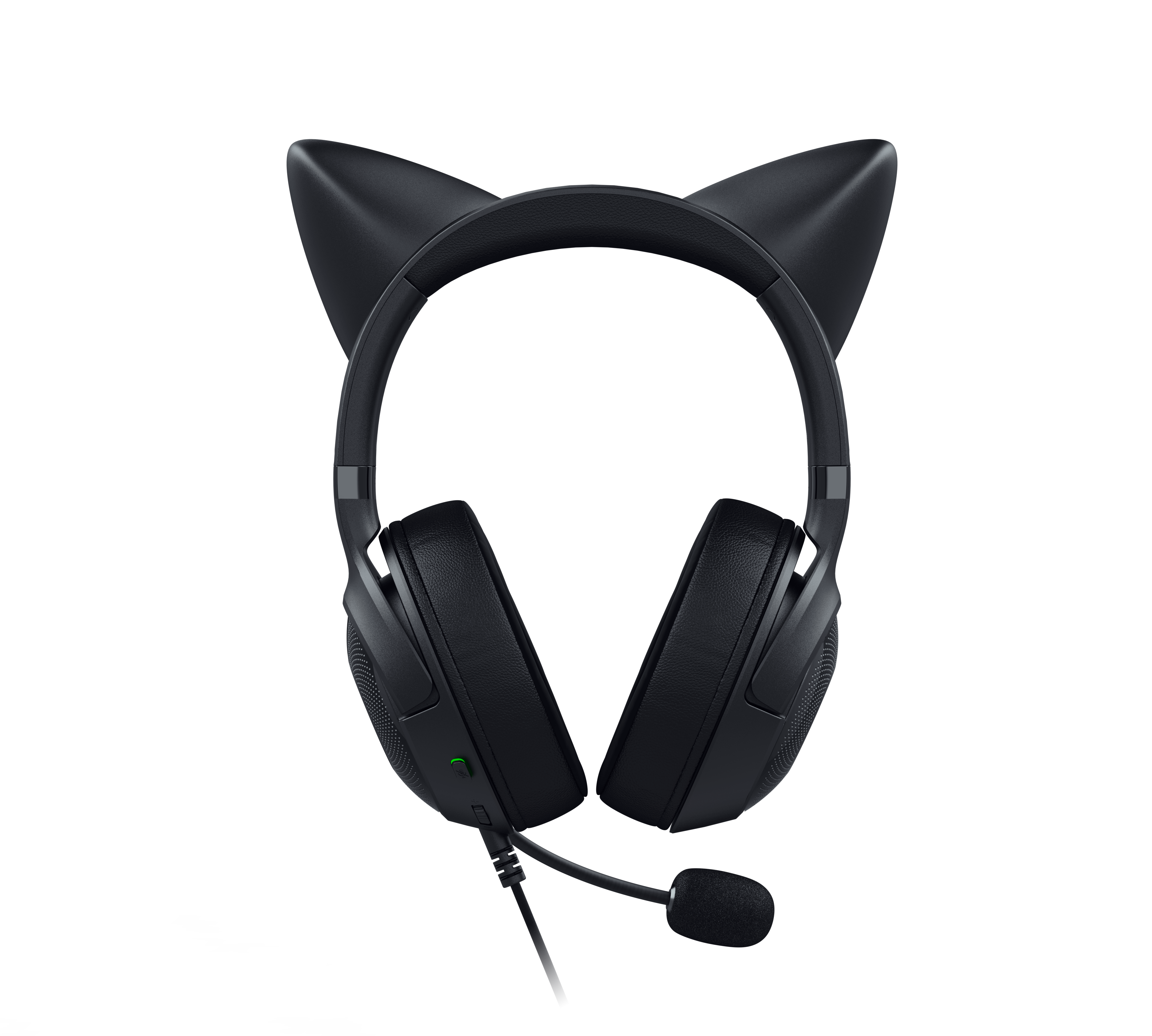 Czarne słuchawki Razer z kocimi uszami. Mikrofon widoczny na czarnym tle.