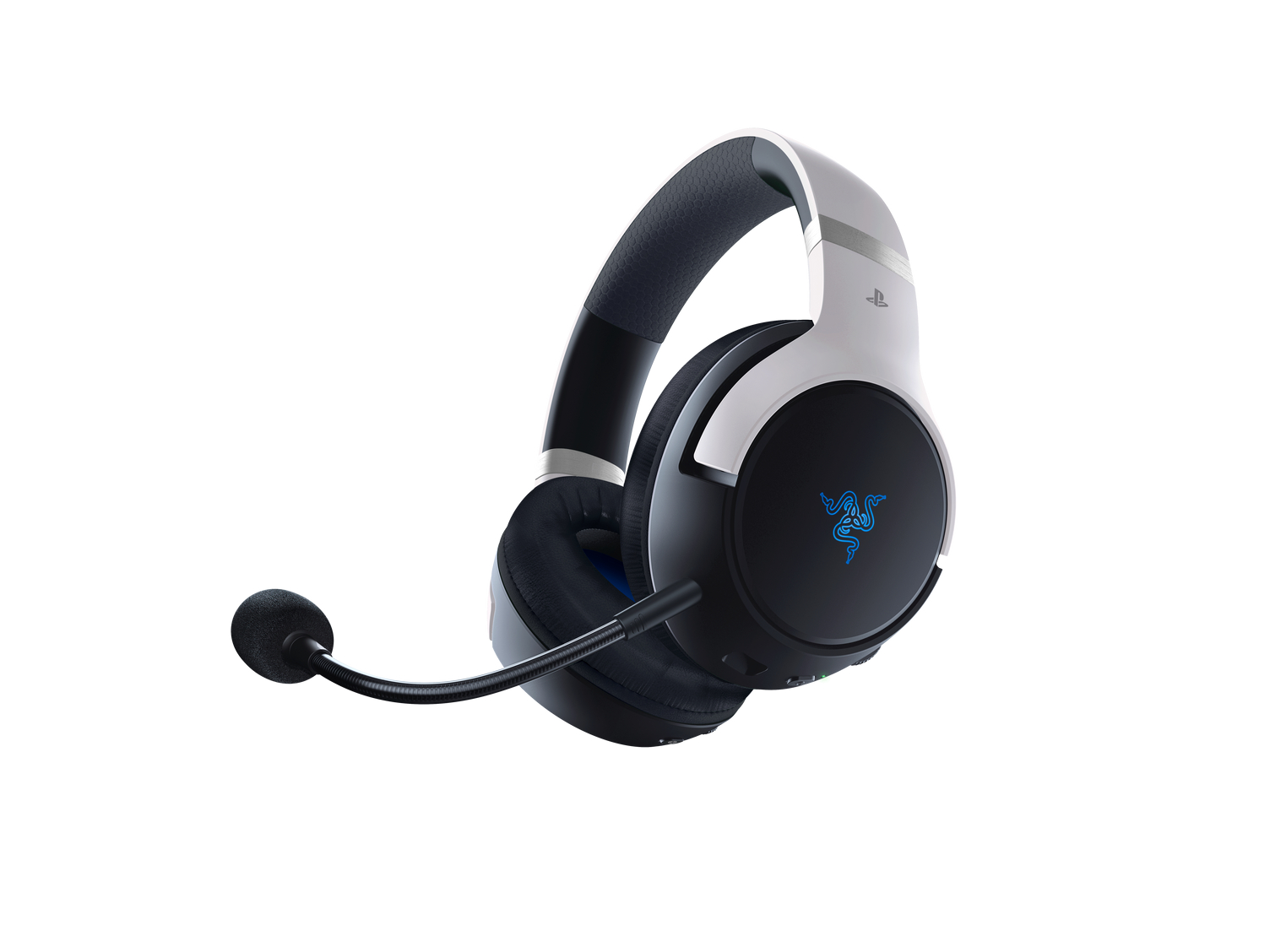 Czarno-biały zestaw słuchawkowy Razer z mikrofonem, podświetlanym logo Razer i białym tłem.