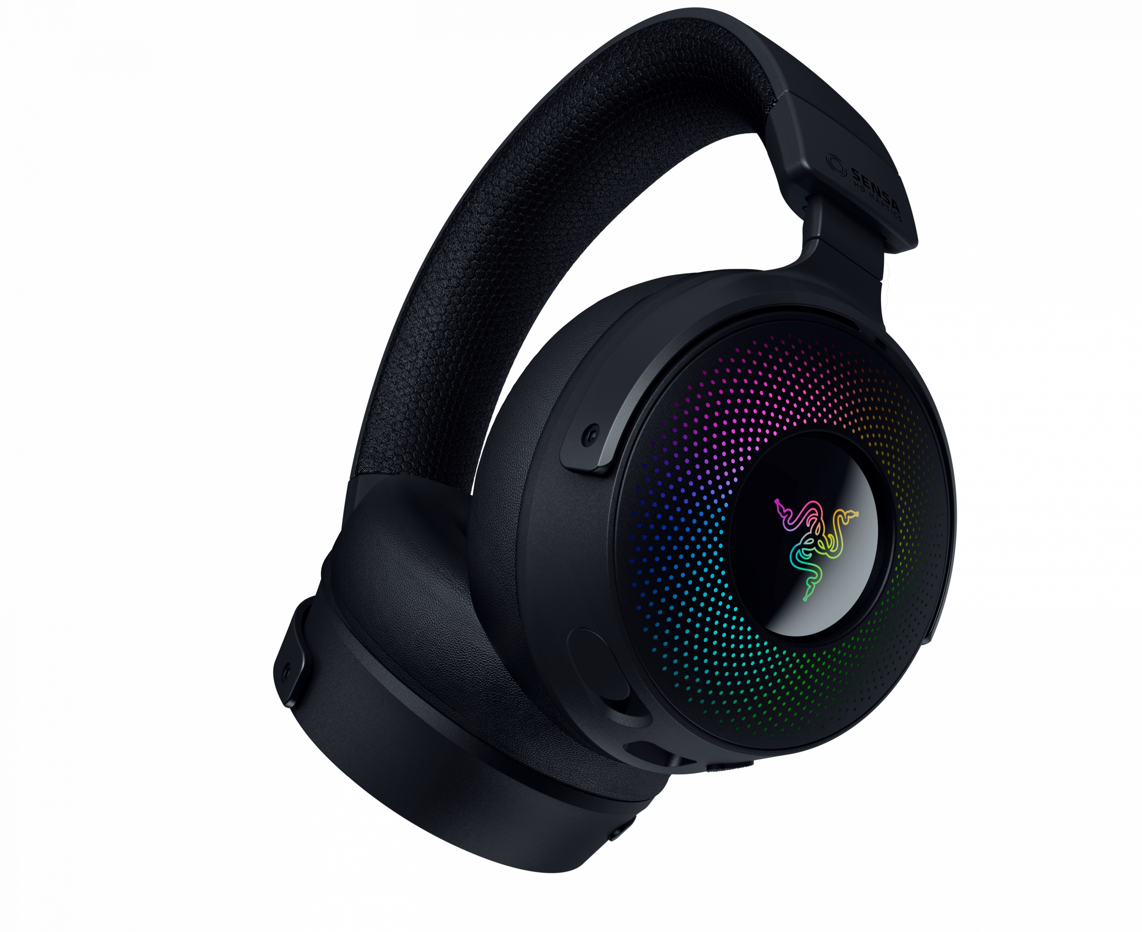 Czarne słuchawki dla graczy Razer z oświetleniem RGB na nausznikach, widok pod kątem.