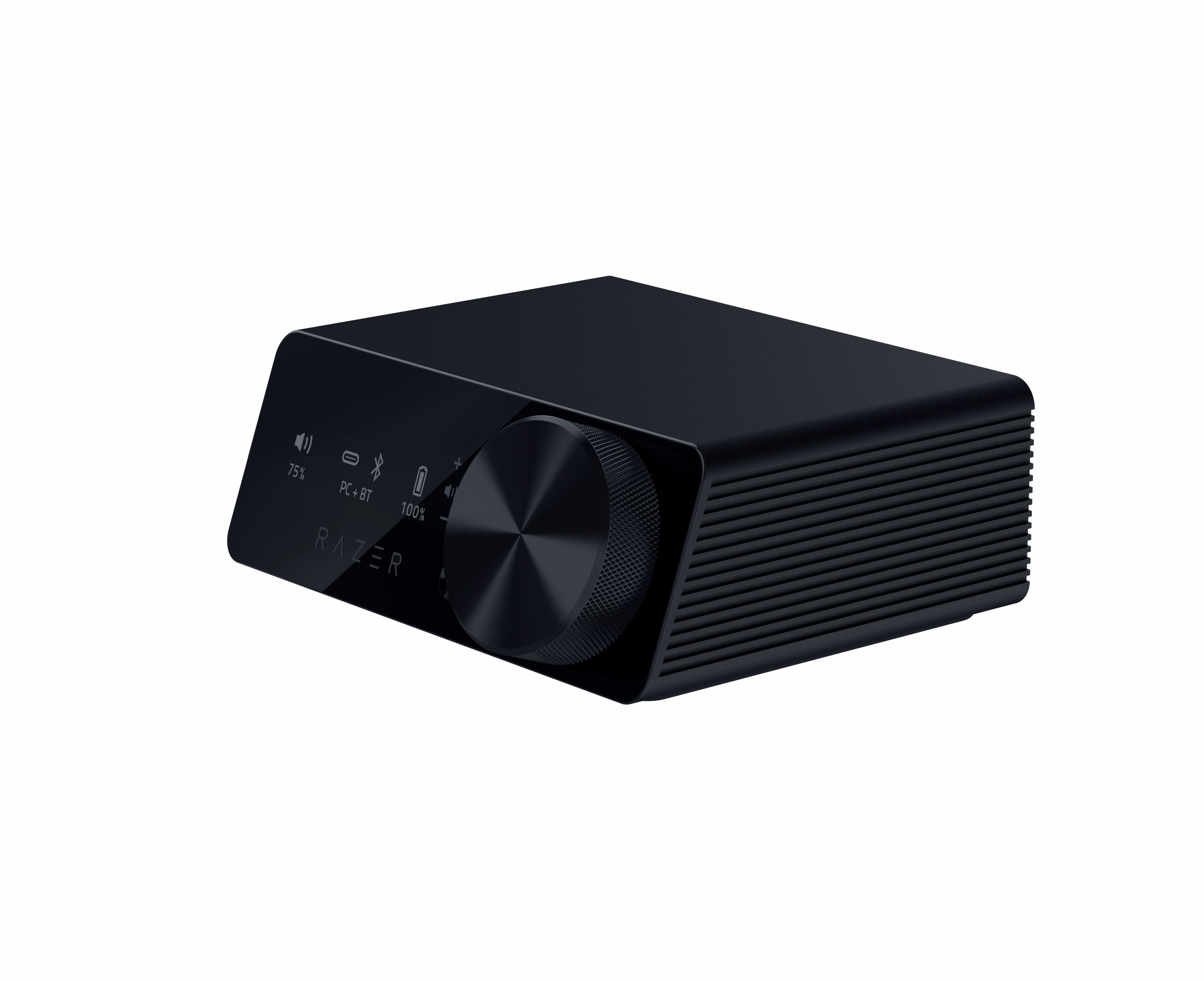 Zwarte Razer geluidsversterker met volumeknop en bedieningspaneel.