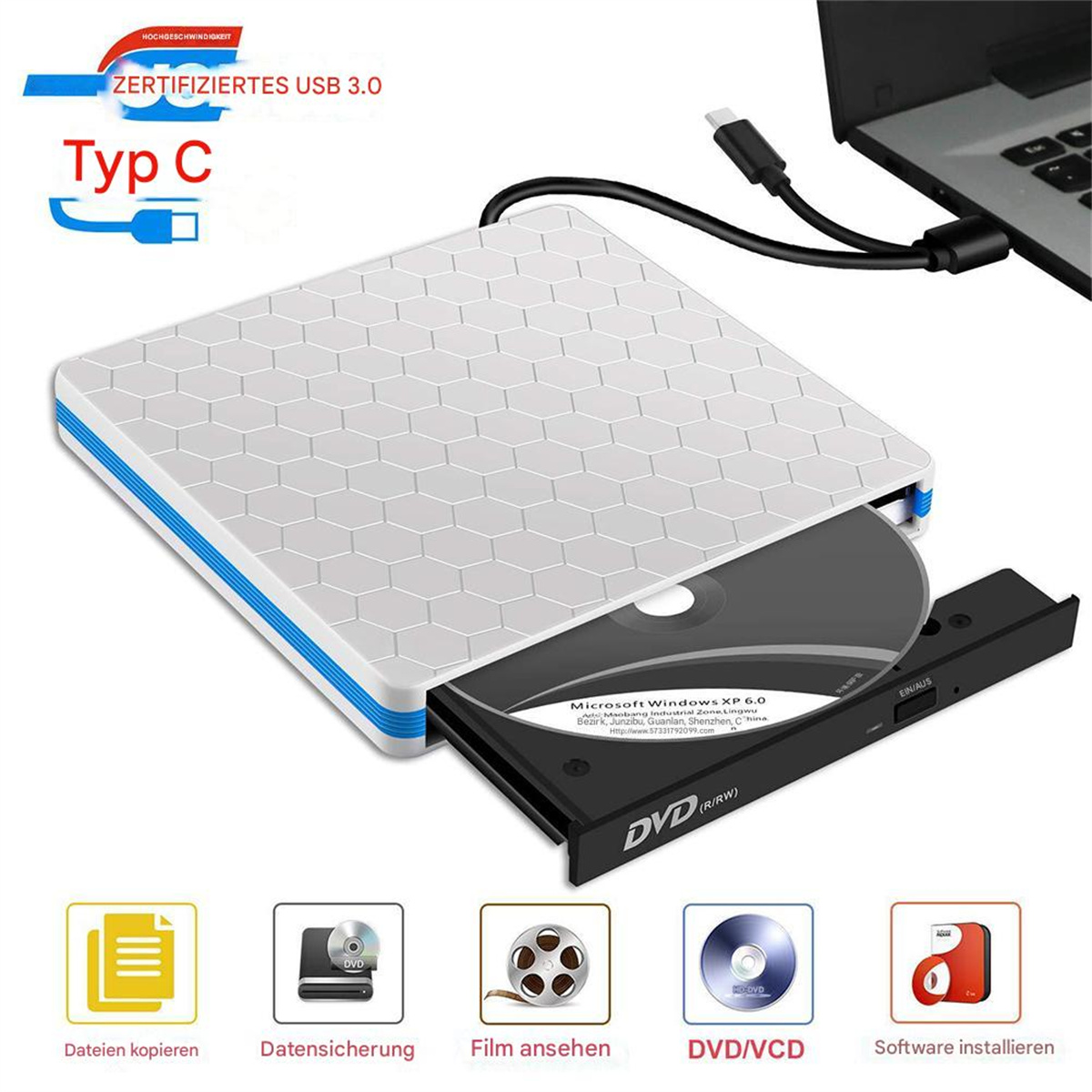DVD/CD-Laufwerk, an einen Laptop angeschlossen. Das Laufwerk ist weiß mit blauen Akzenten, eine Disc ist sichtbar.
