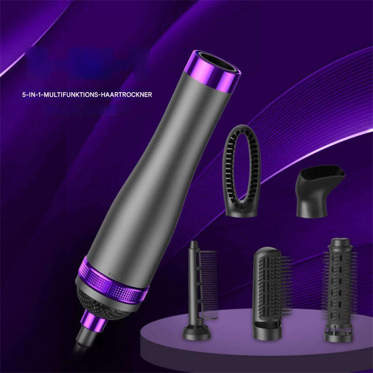 5-in-1-Haartrockner mit Aufsätzen. Der Trockner ist grau und lila, mit mehreren Stylingdüsen.