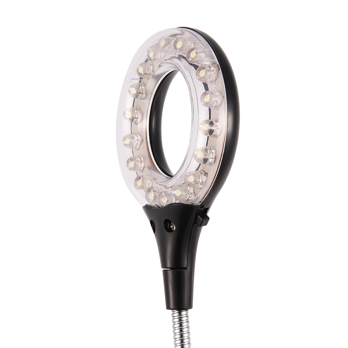 Ringlicht, schwarzes und transparentes Design. LED-Leuchten am Rand, flexibler Ständer.