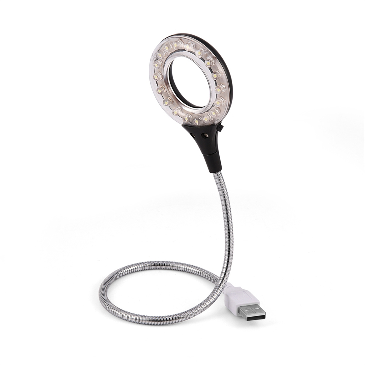 Eine flexible, silberne USB-LED-Lampe mit rundem Lichtkopf auf weißem Hintergrund.