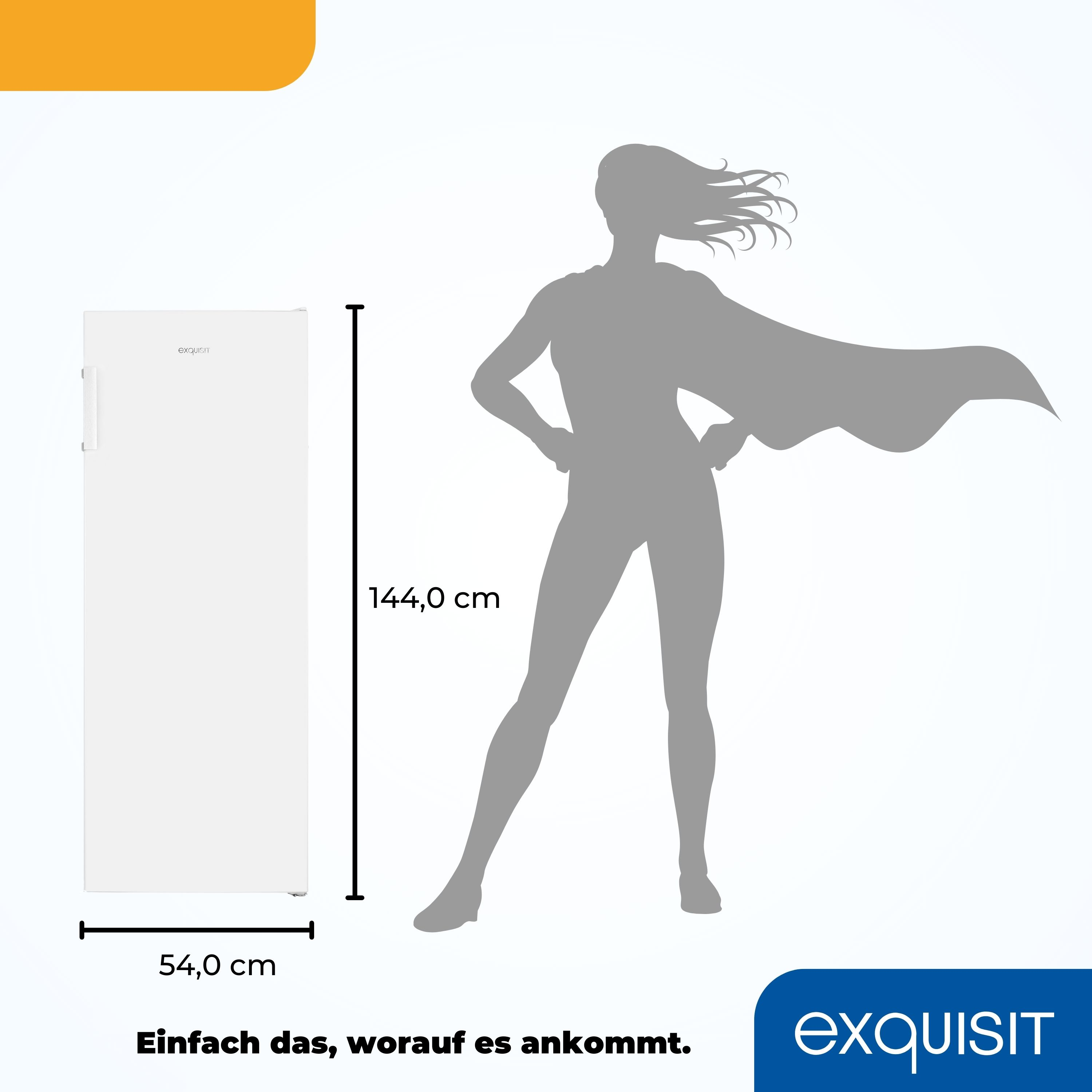 Weißer Kühlschrank mit einer Superhelden-Silhouette, die die Abmessungen angibt. Text: Exquisit.