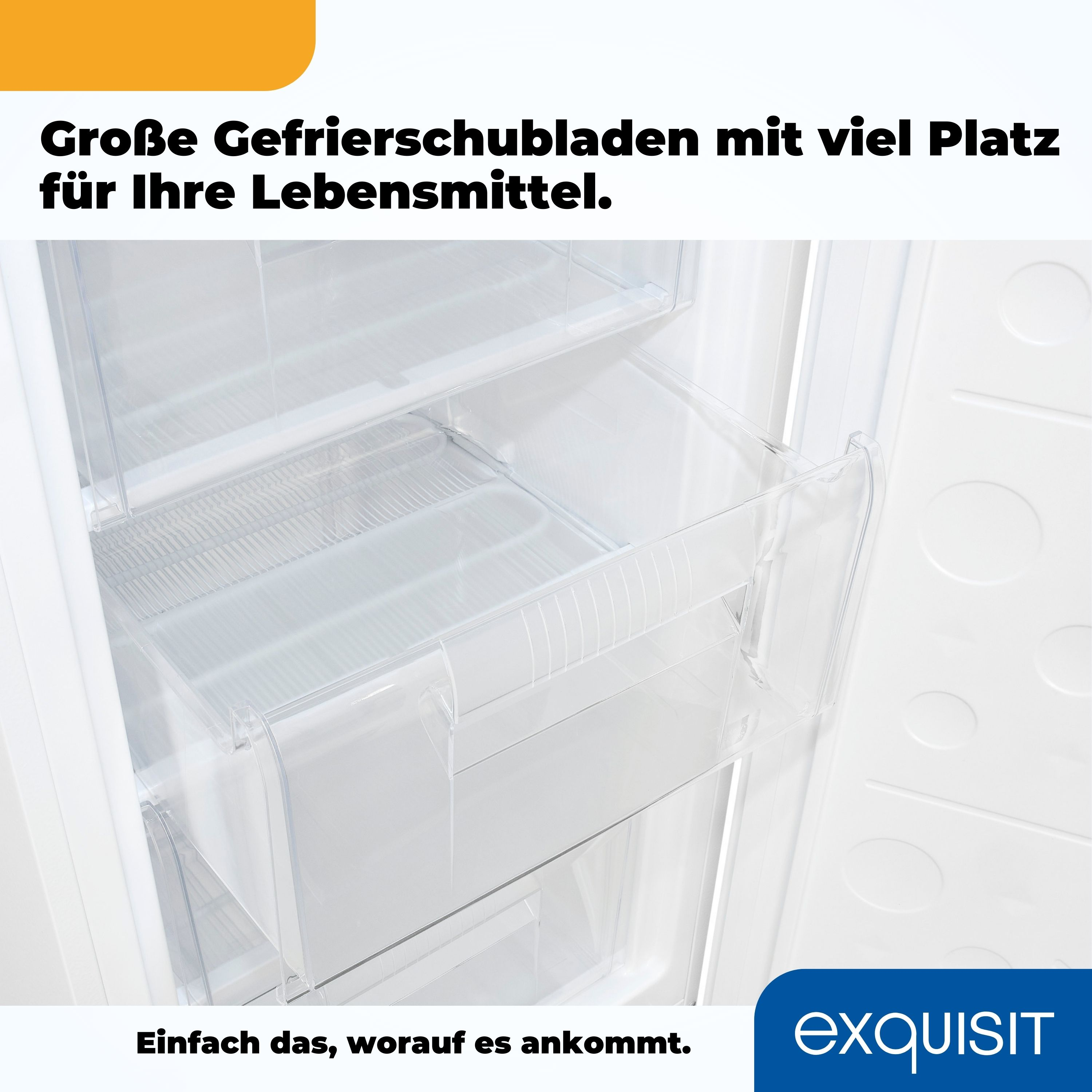 Weißer Kühlschrank mit offenen Gefrierschubladen. Text: Große Gefrierschubladen mit viel Platz.